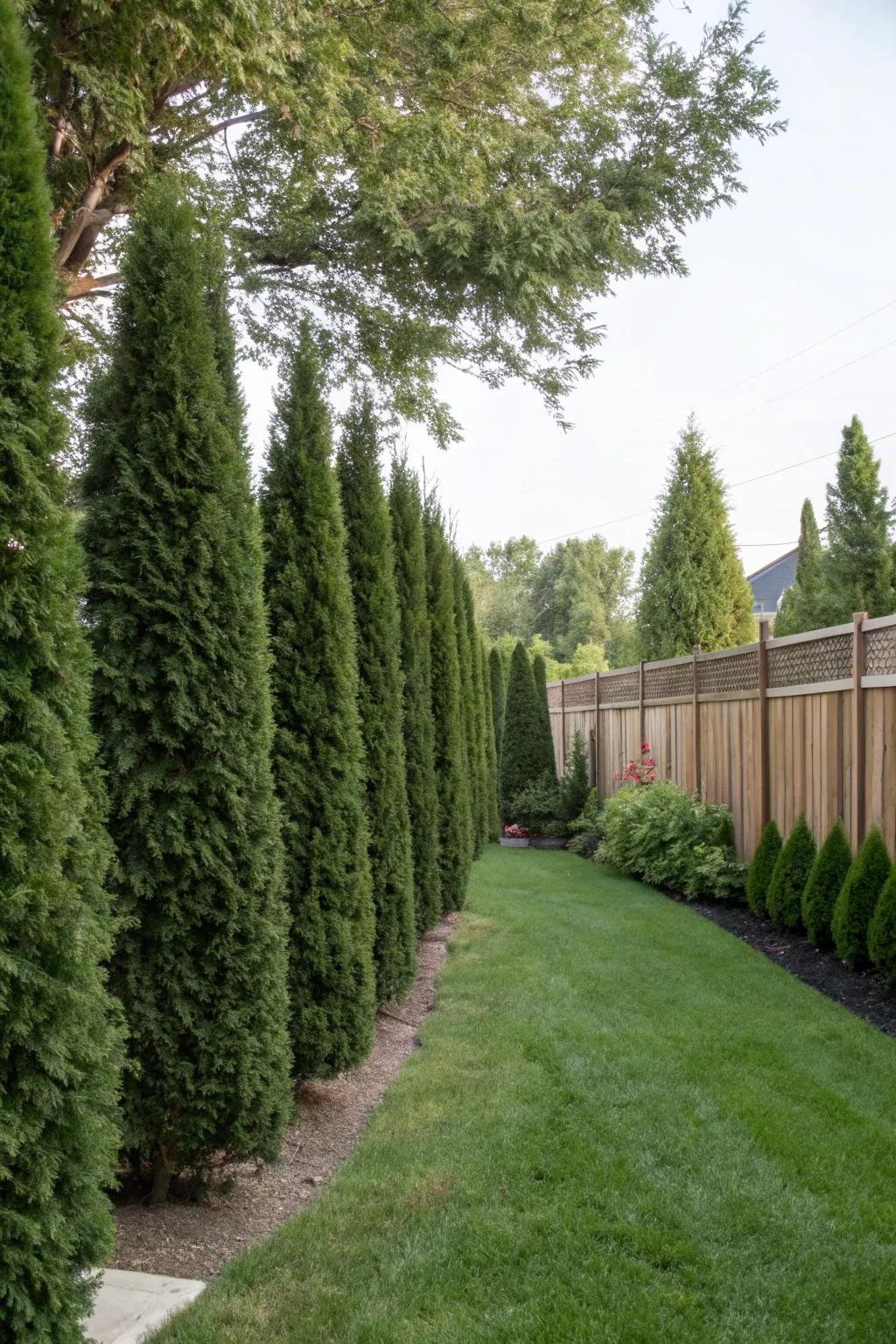 Tall evergreen hedges serve as a natural and stylish privacy barrier.
