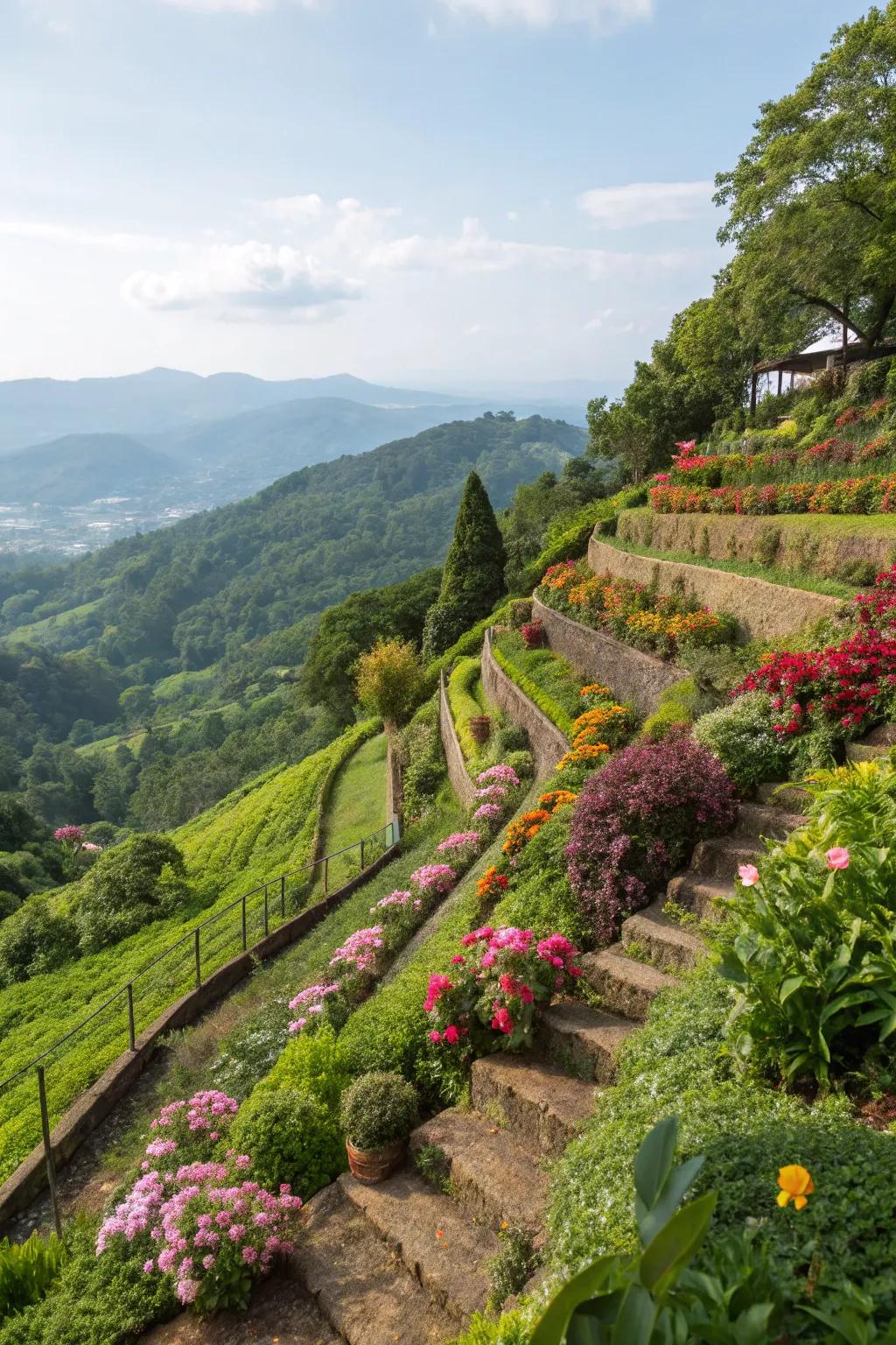 Terraced gardens beautifully manage slopes and create visual interest.