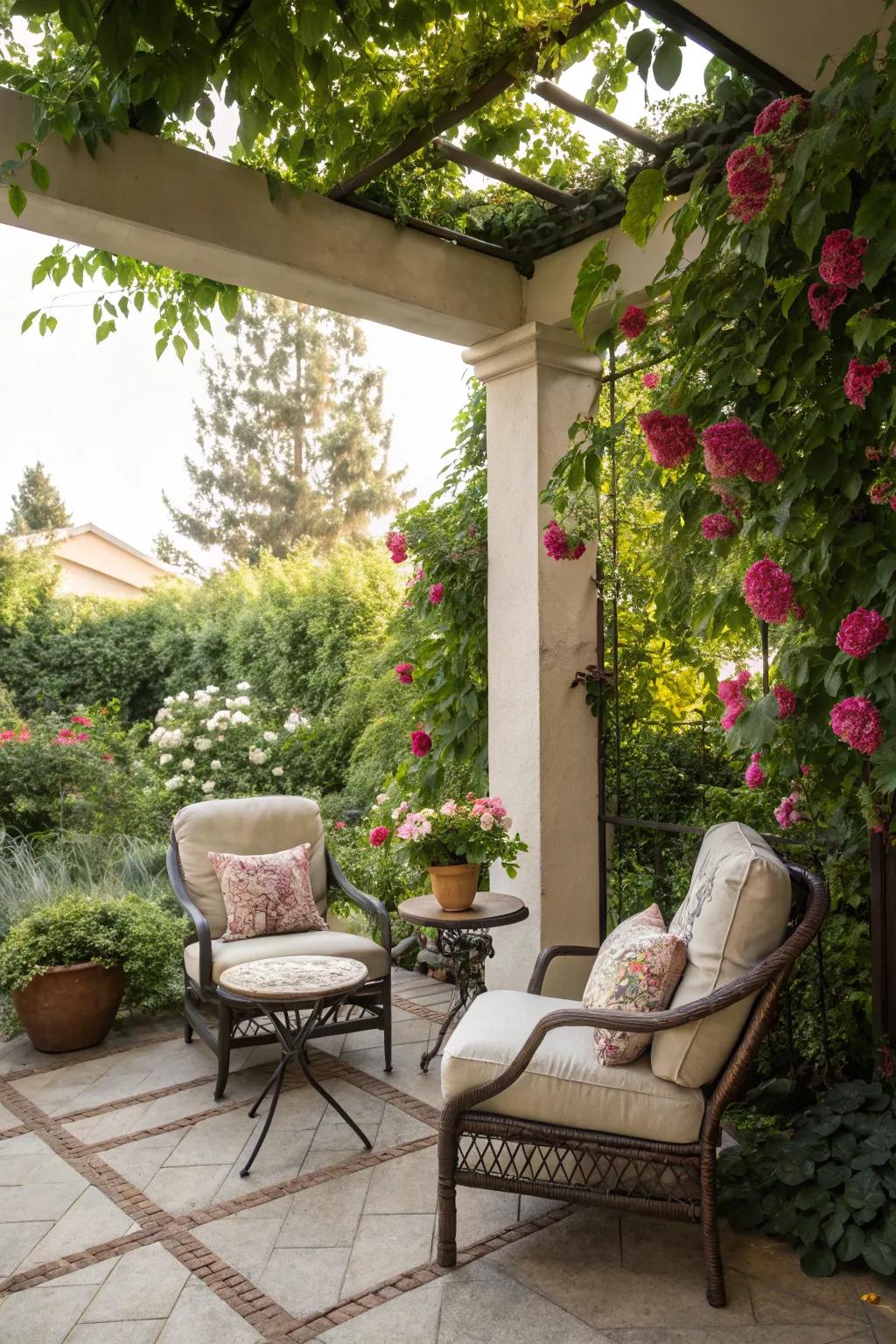 An inviting seating area on the patio offers comfort and style.