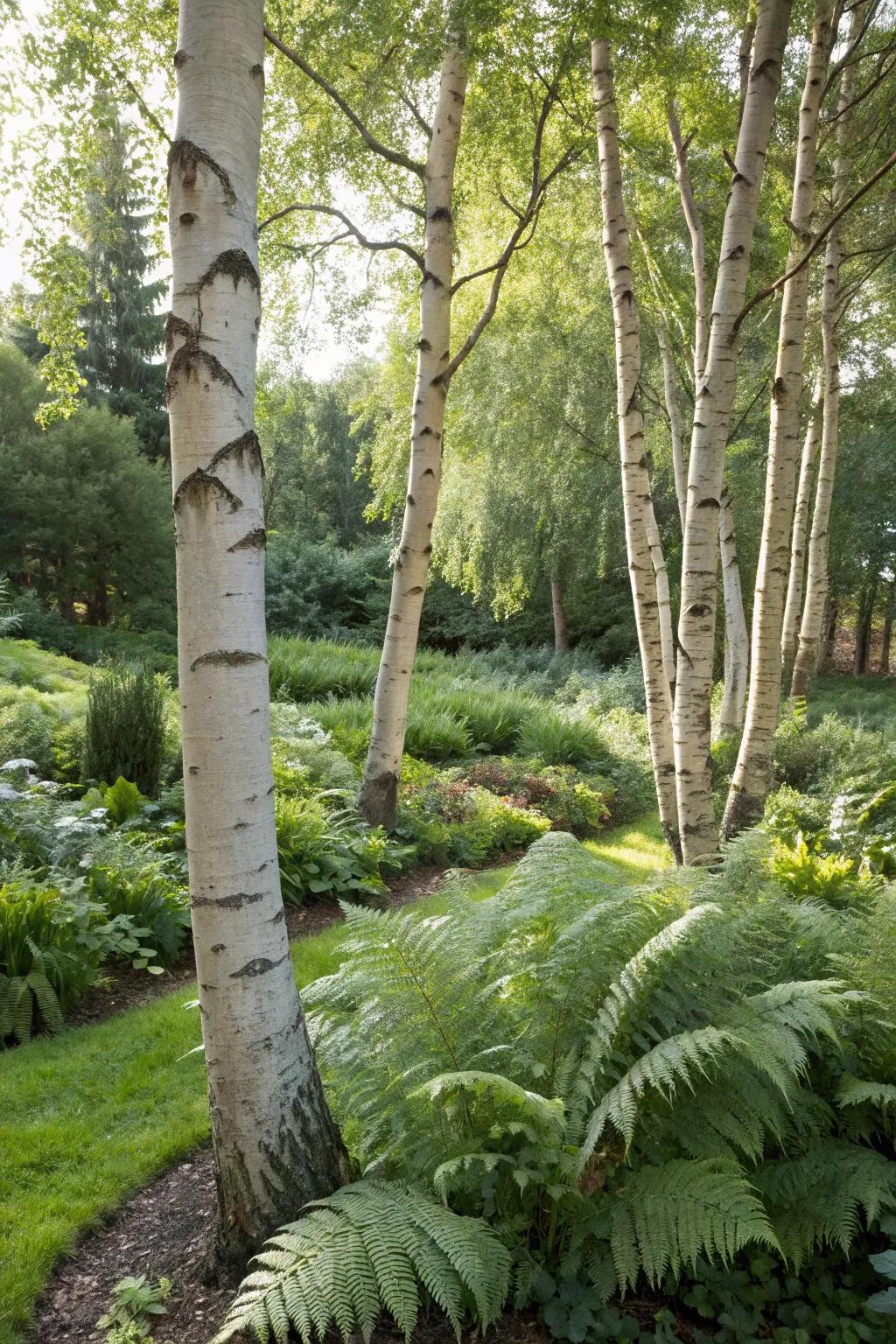 Transform your birch grove into a woodland paradise with ferns and native plants.