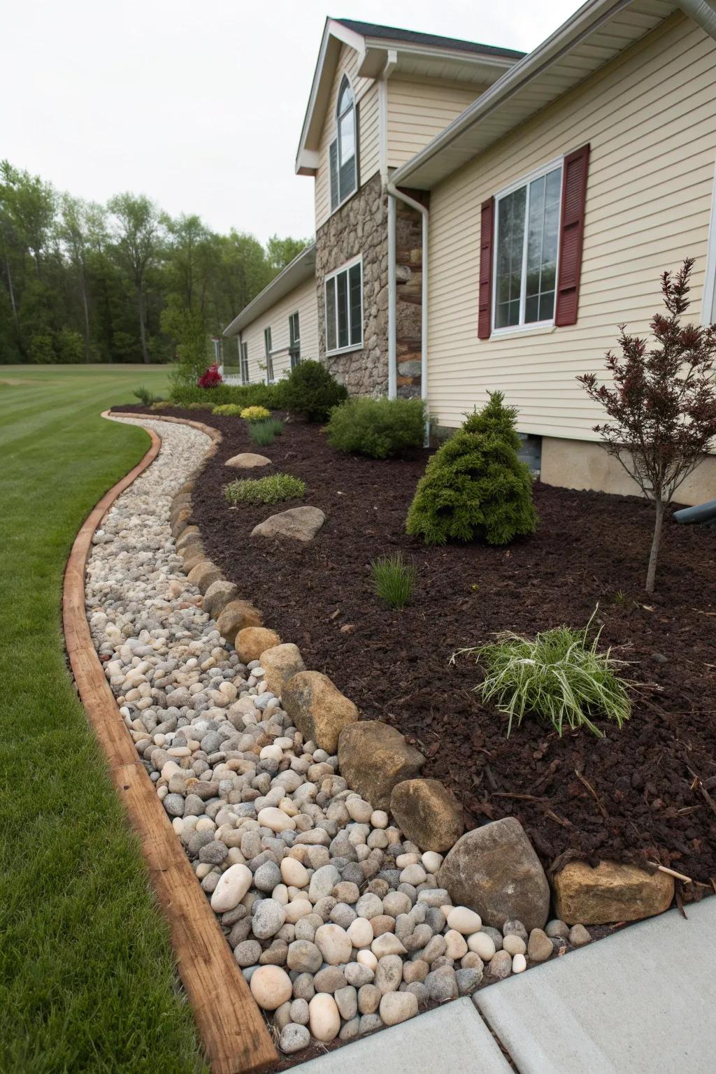 A tidy border of mulch and stones adds both beauty and protection.