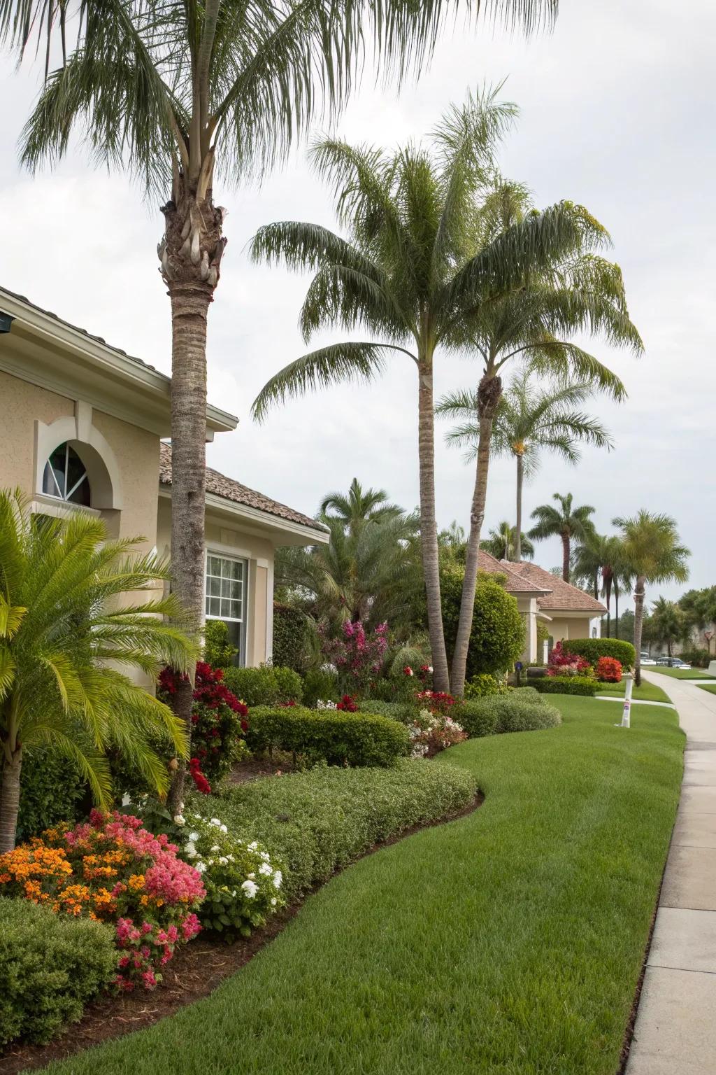 Palm trees and tropical foliage create a lush Floridian vibe.