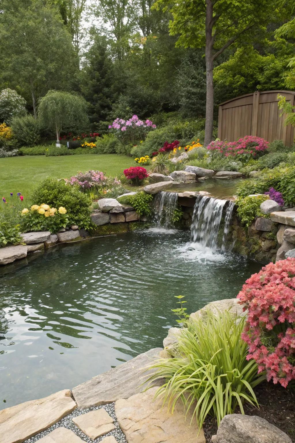 A pond with a gentle waterfall adds tranquility to your landscape.