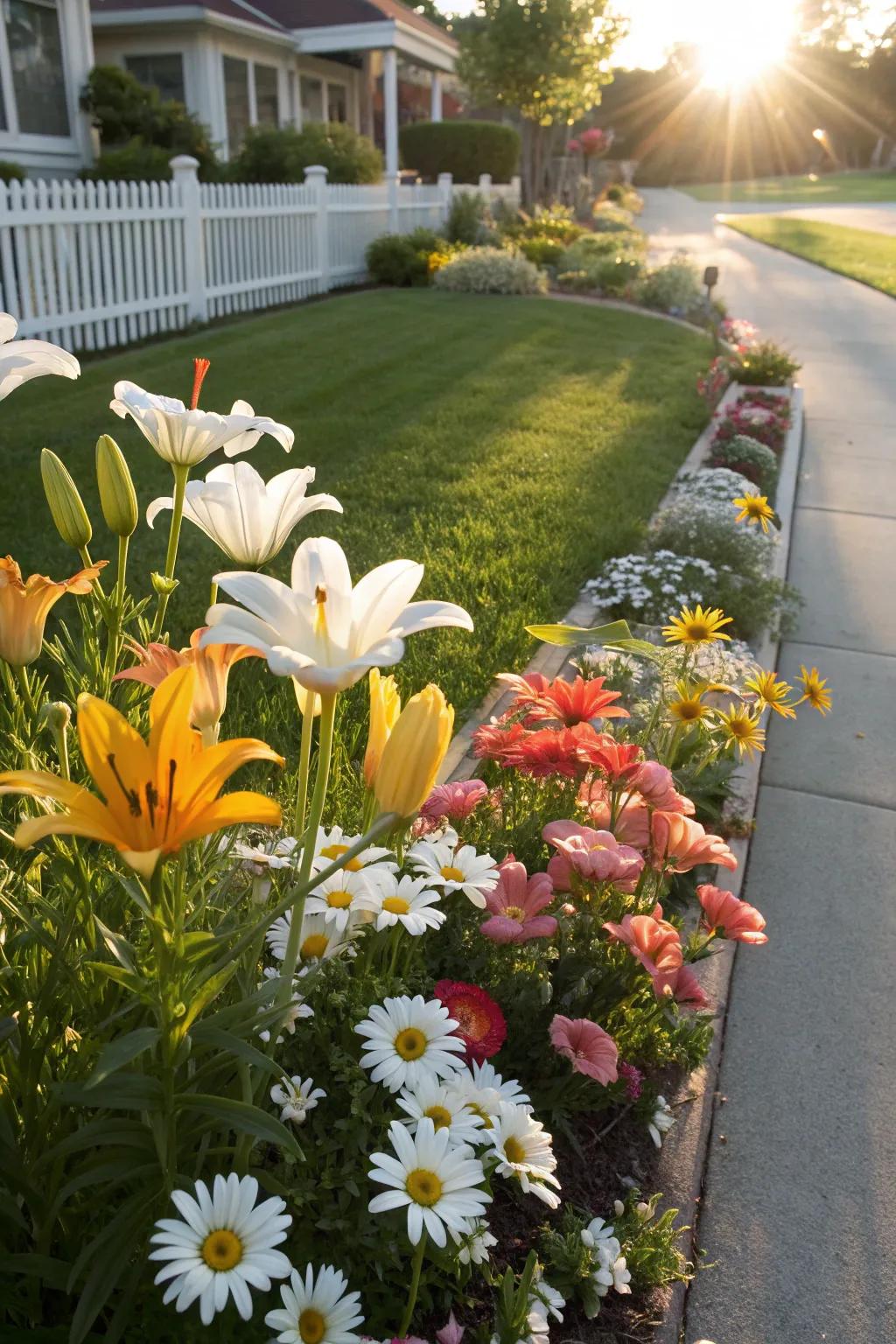 A vibrant flower bed that thrives in the full sun, adding a splash of color to the front yard