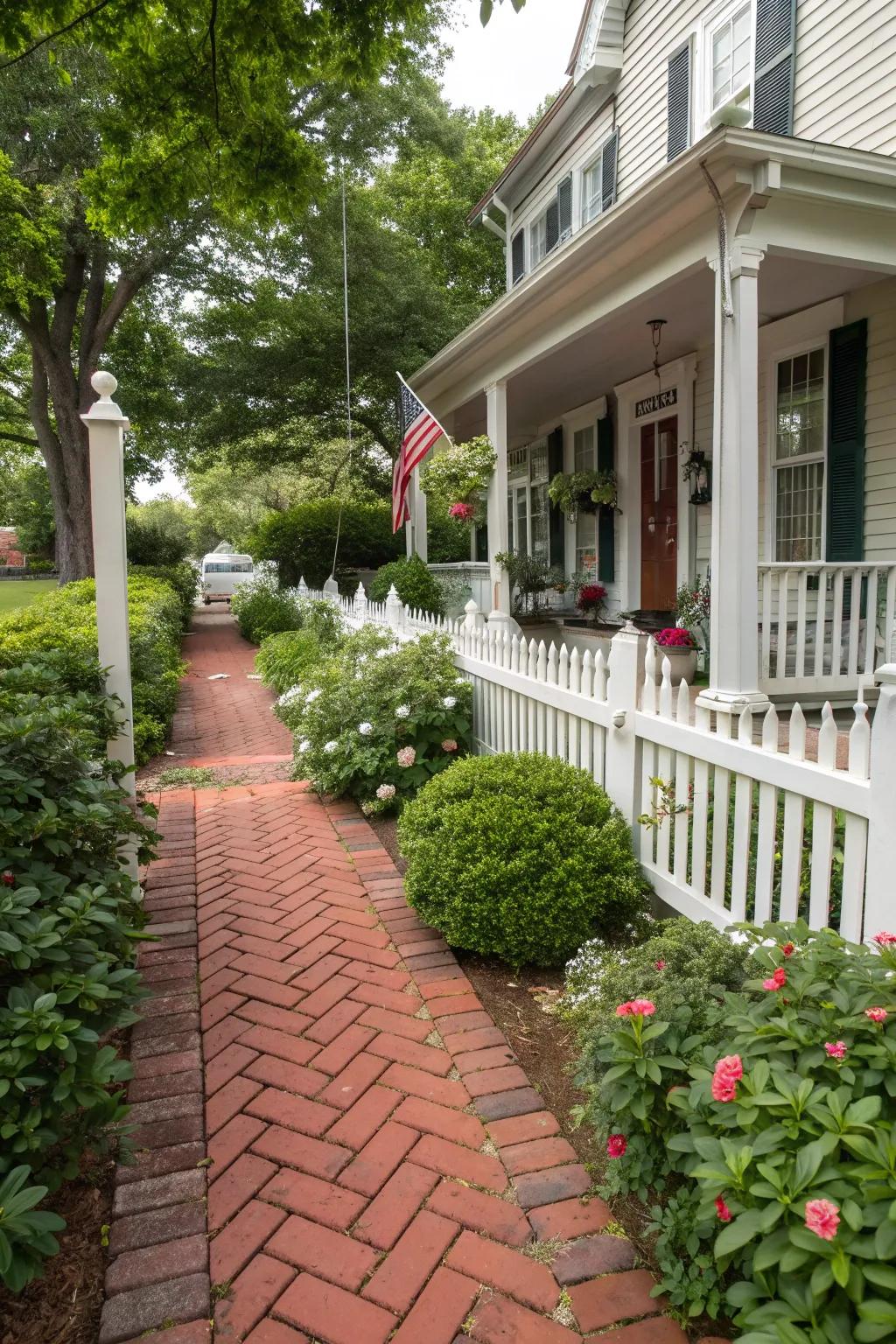 A classic brick walkway adds timeless charm and warmth to your home's entrance.