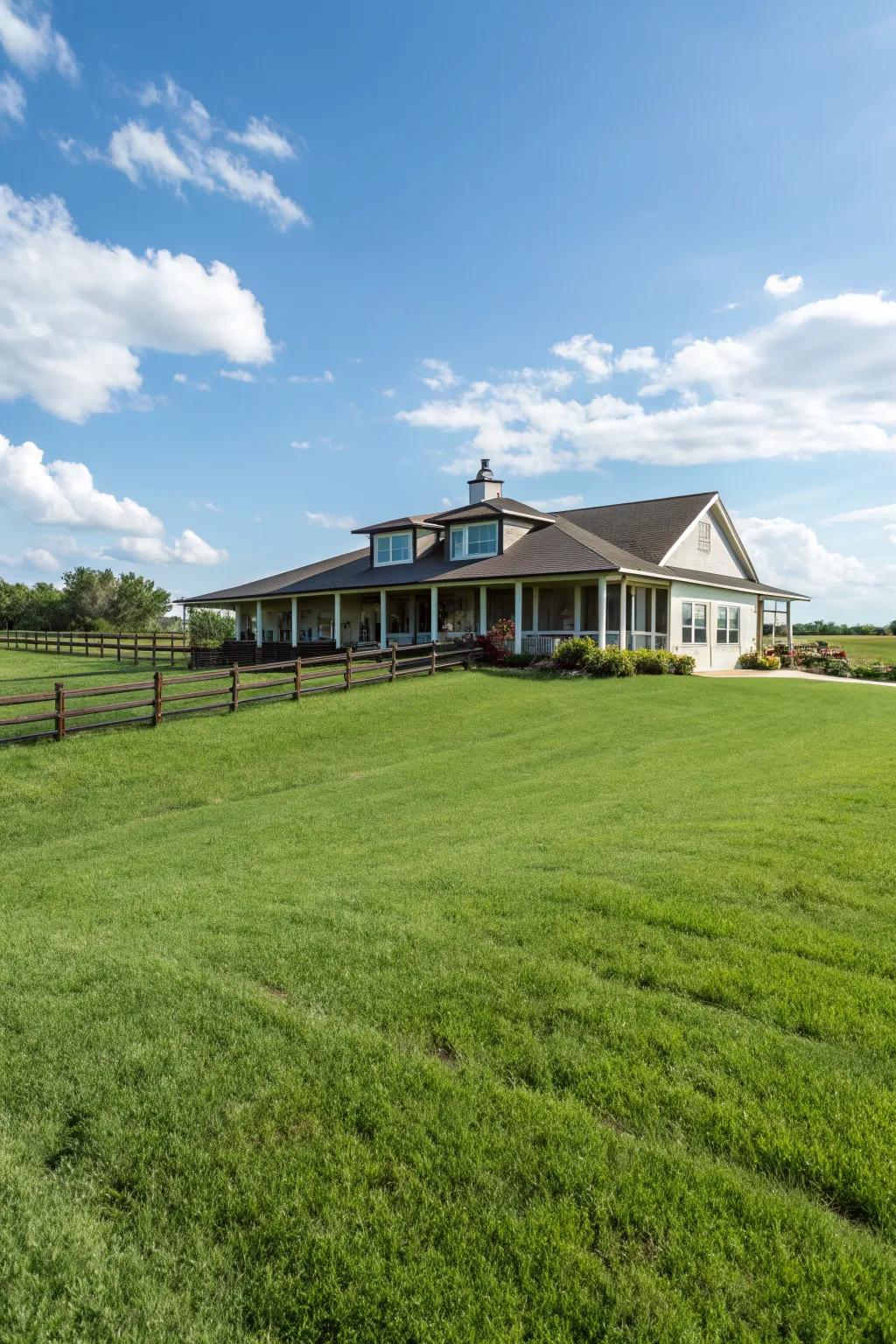 A lush green lawn adds charm and elegance to a ranch style house