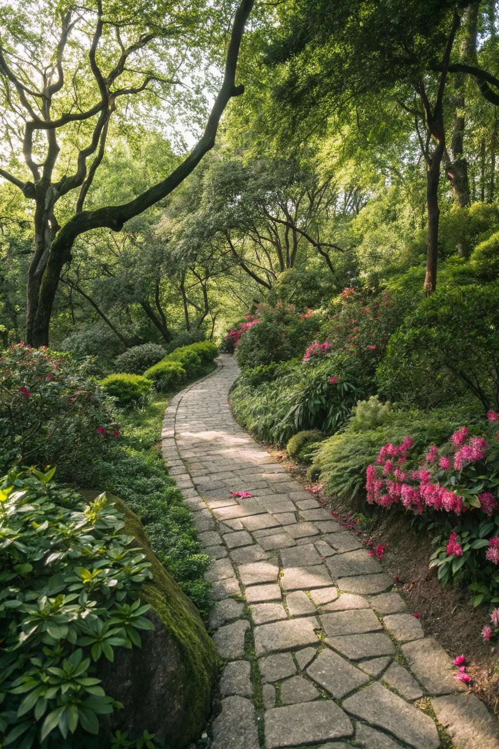 A stone pathway weaves through a tranquil shaded garden.