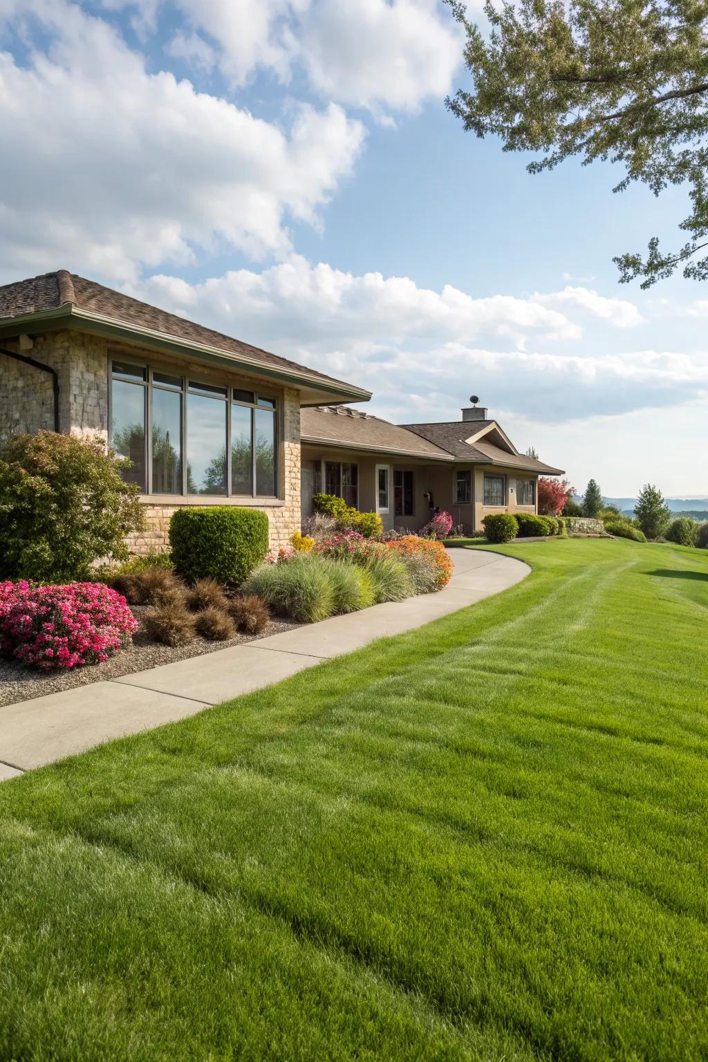 A vibrant green lawn complements the ranch-style house.