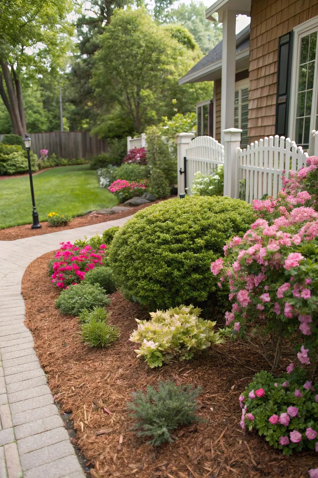 A front yard beautifully covered in mulch, accented with vibrant plants.