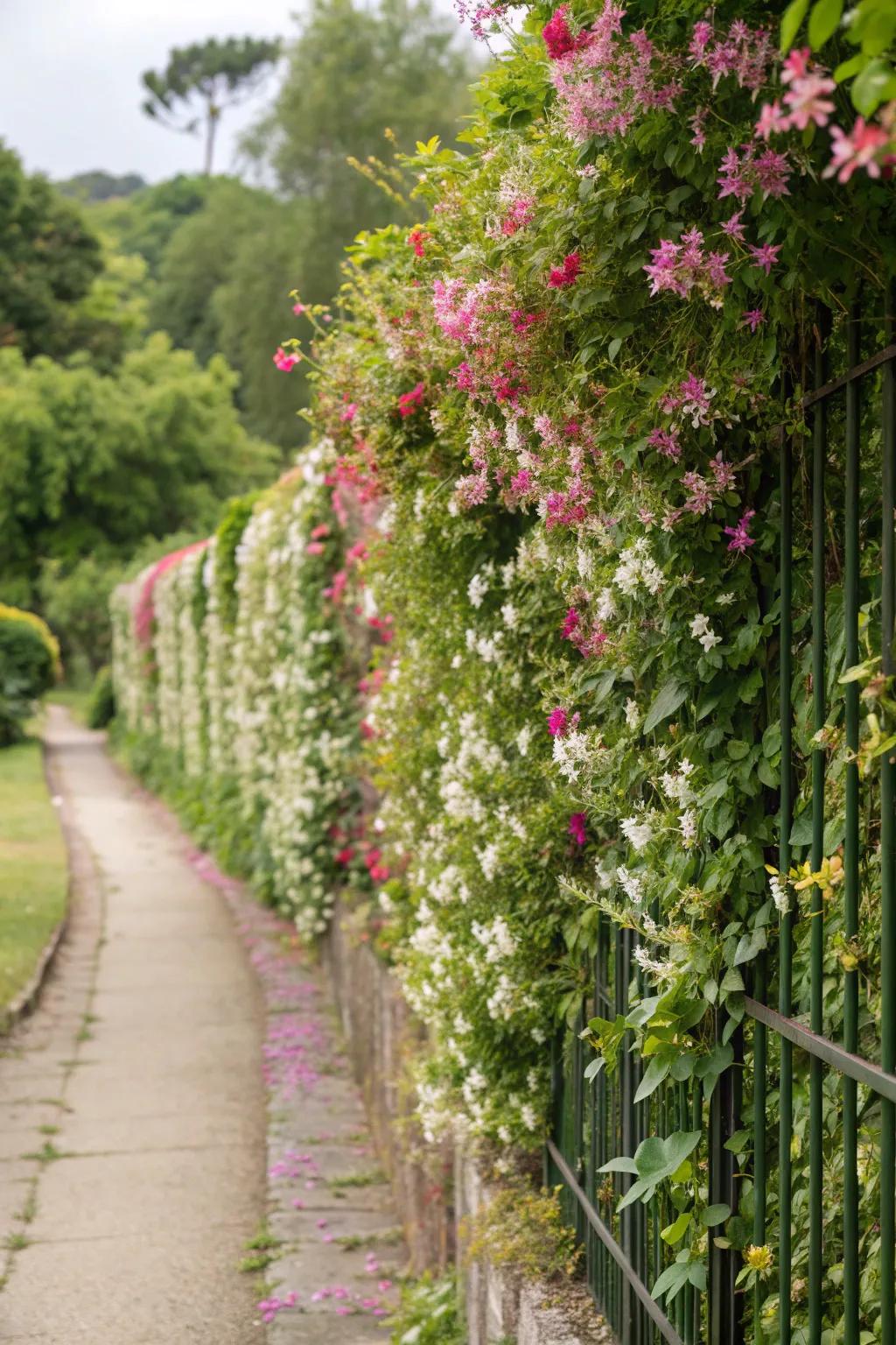 A fence transformed into a vertical garden with lush climbing plants.
