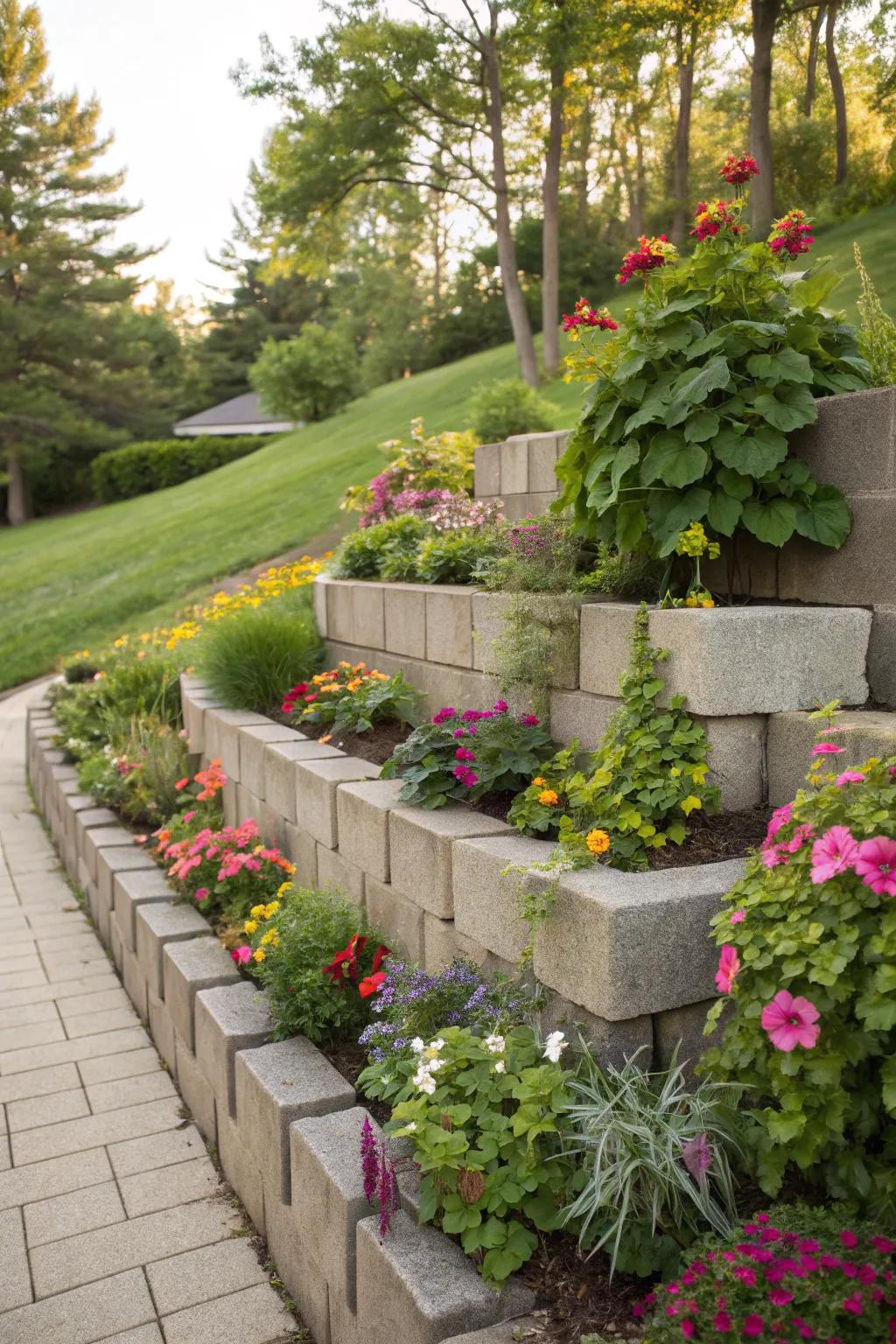 A tiered garden bed made from stacked cinder blocks.