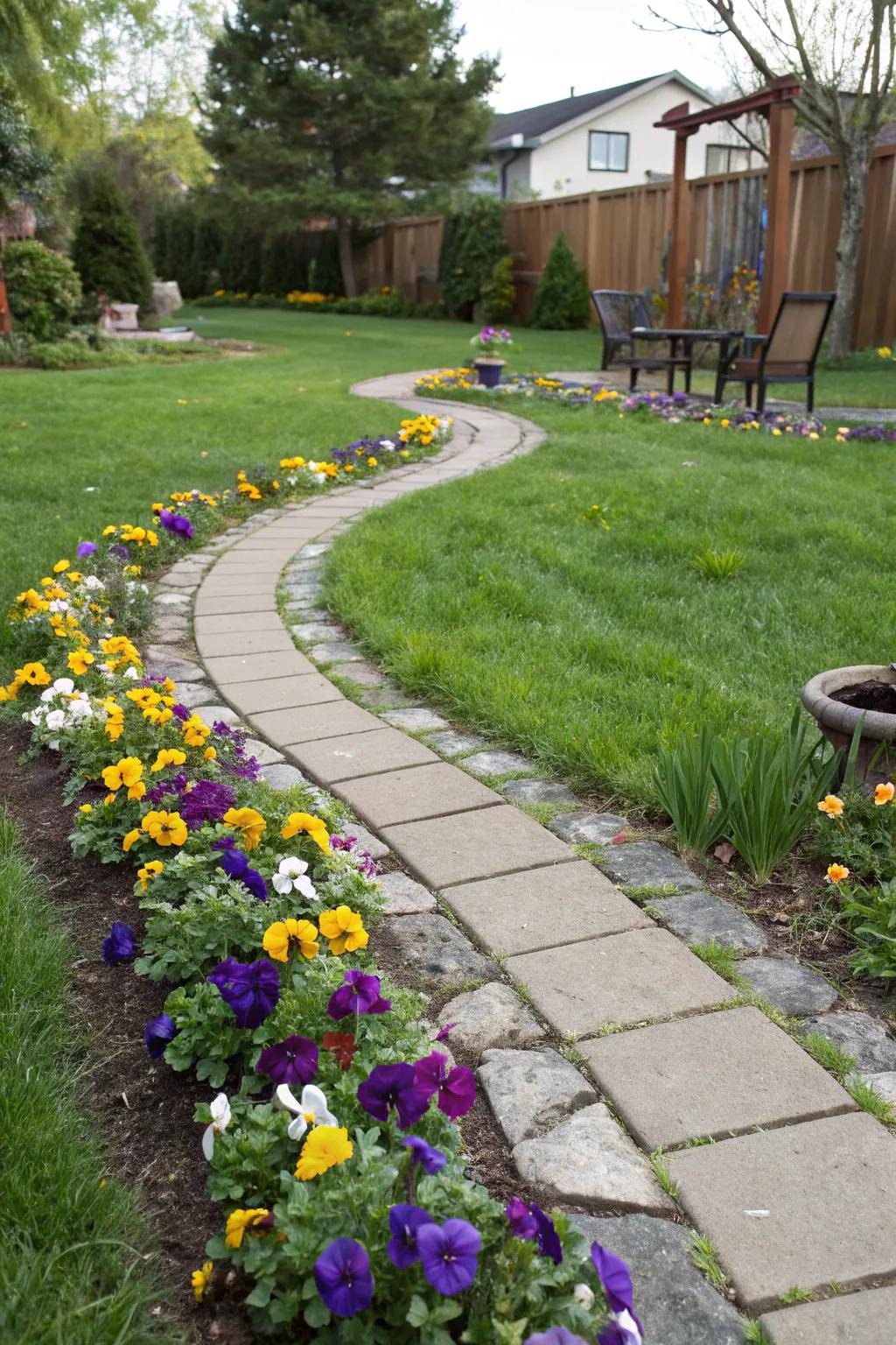 Pansy borders adding vibrant color to garden pathways.