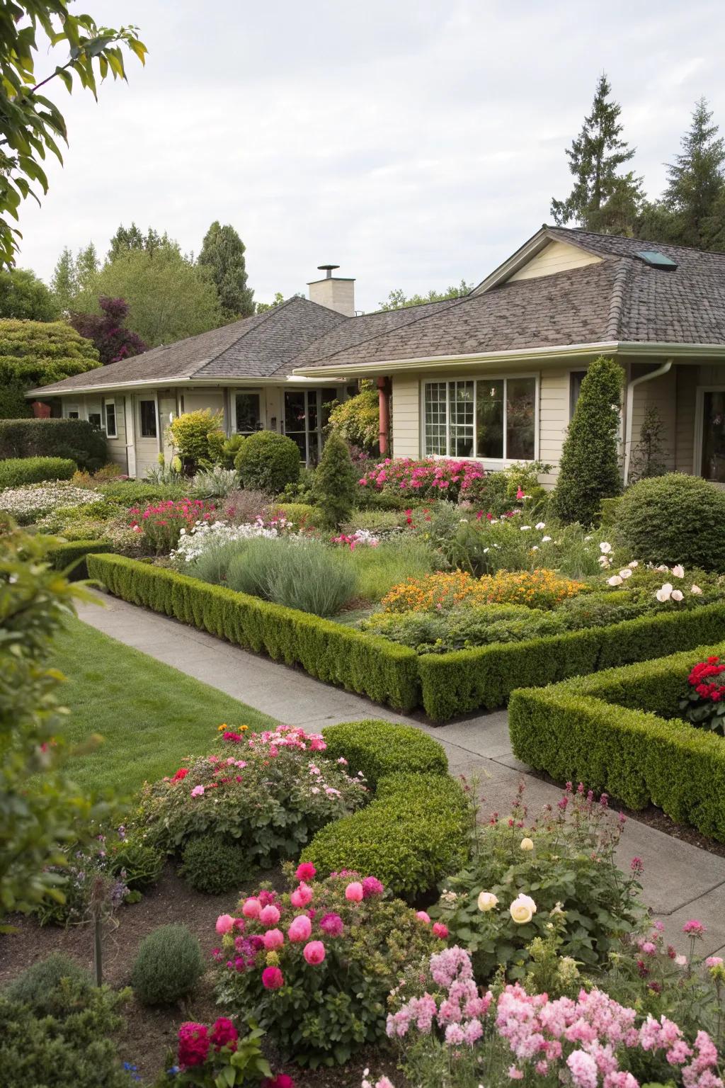 An inviting front garden with vibrant perennials and tidy hedges at a ranch house.