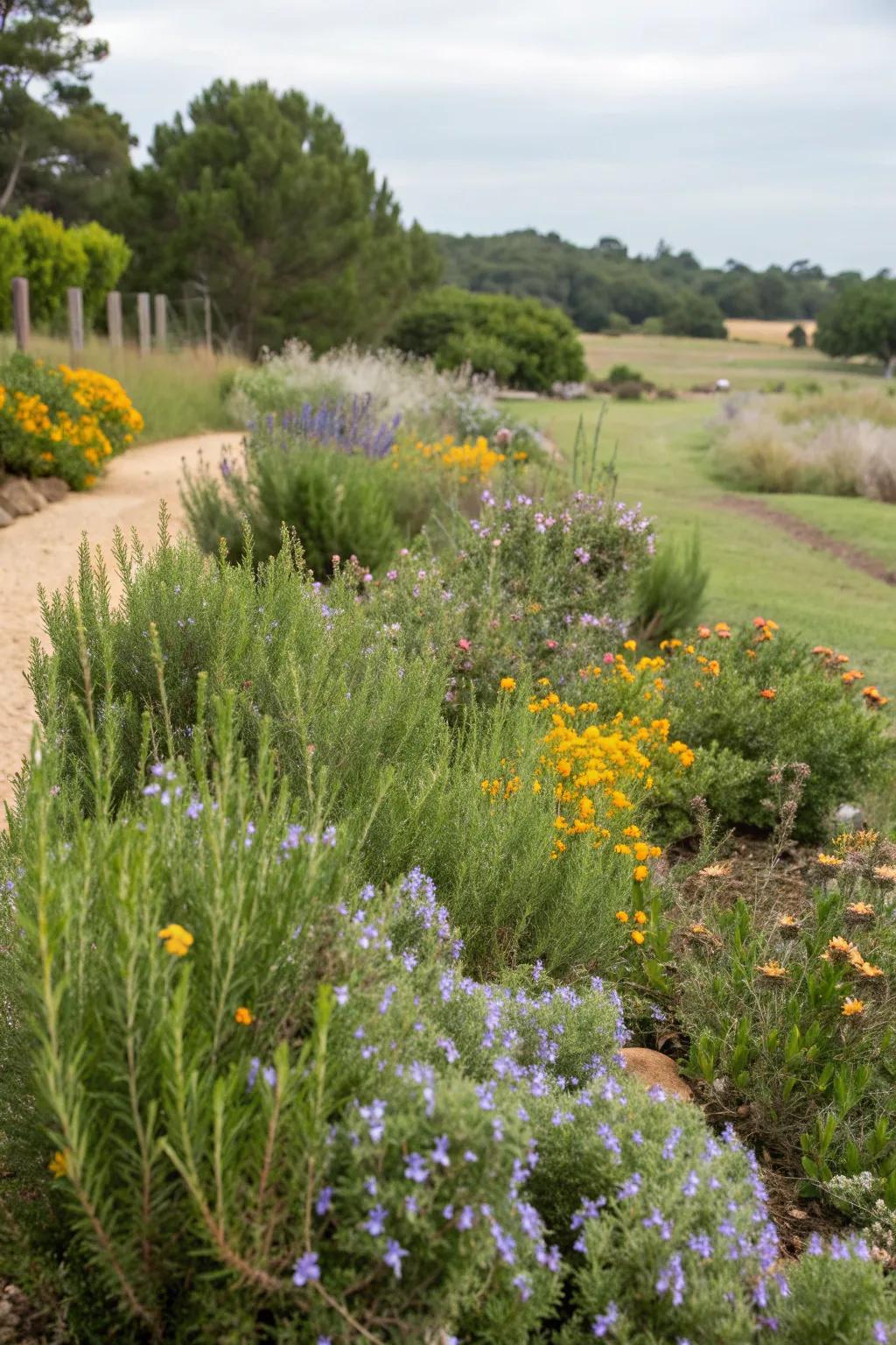 A natural garden oasis with rosemary bushes amidst wildflowers and grasses.