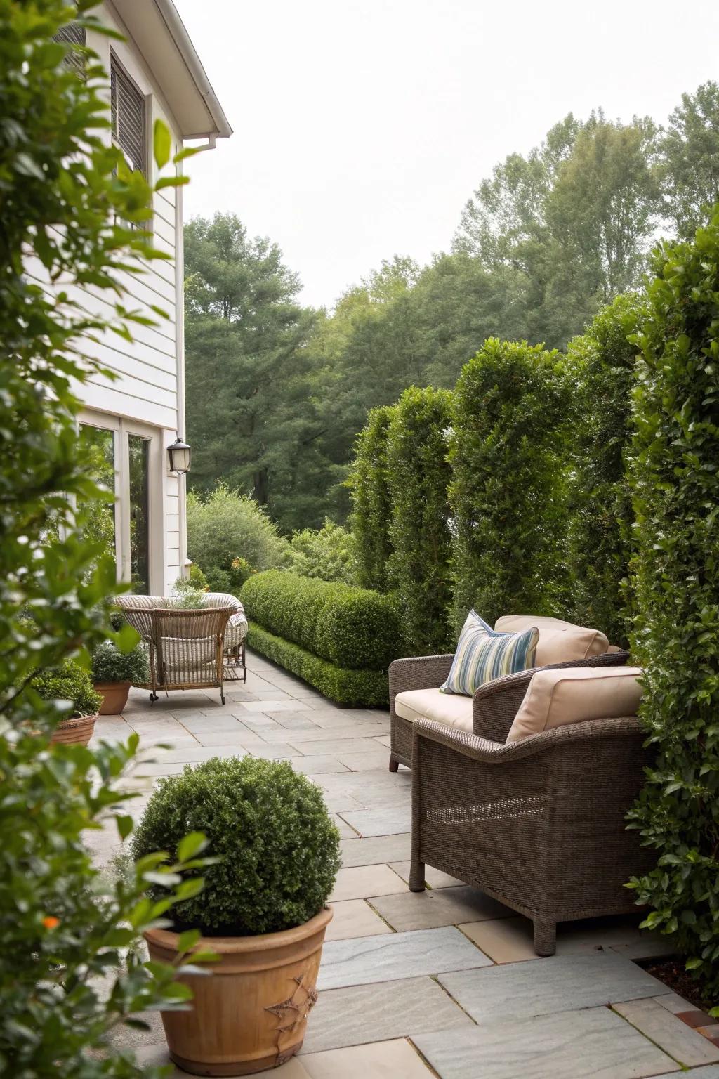 Create a serene patio escape with Sky Pencil Holly borders.