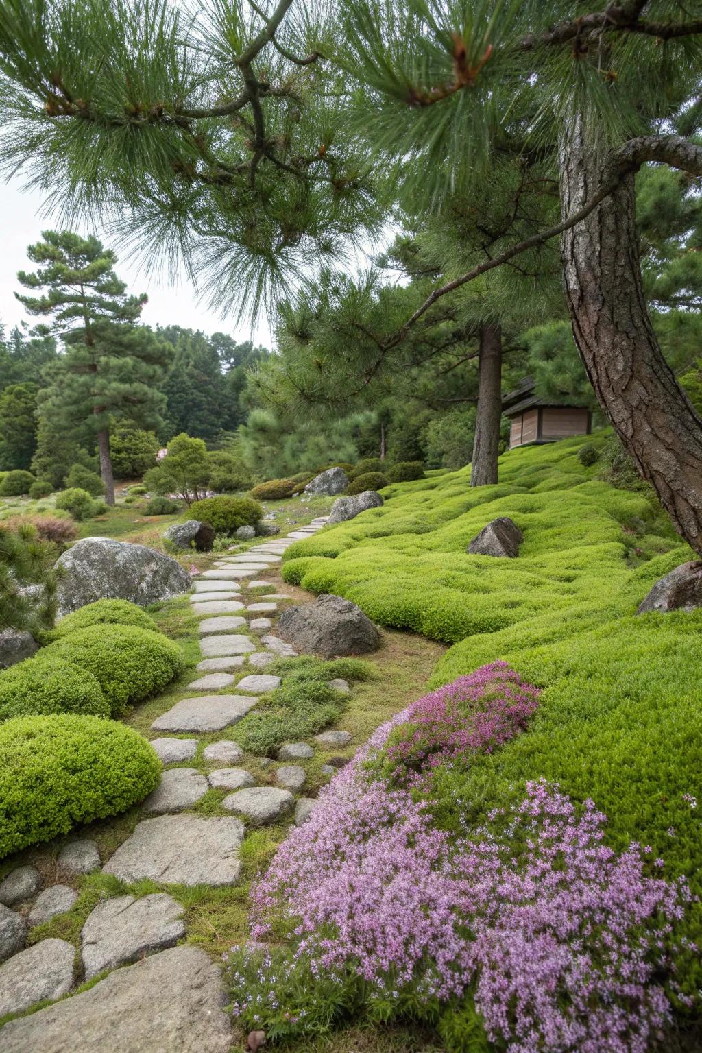 A lush carpet of ground covers flourishing under pine trees.