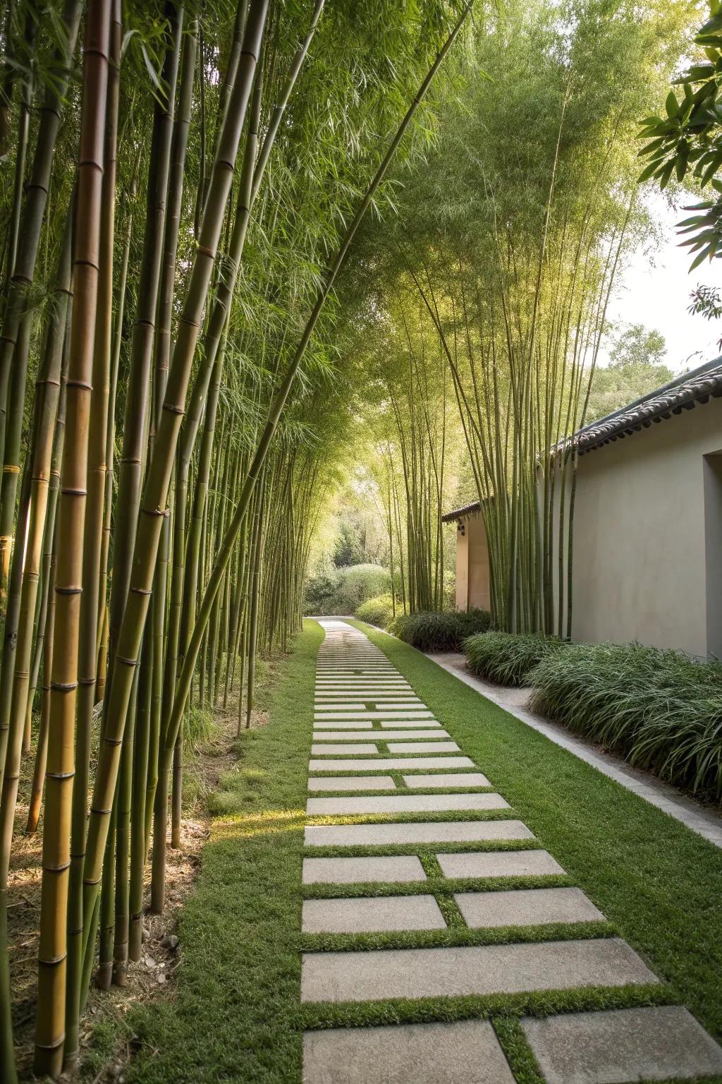 Wander through a bamboo-lined pathway that whispers tranquility with each step.