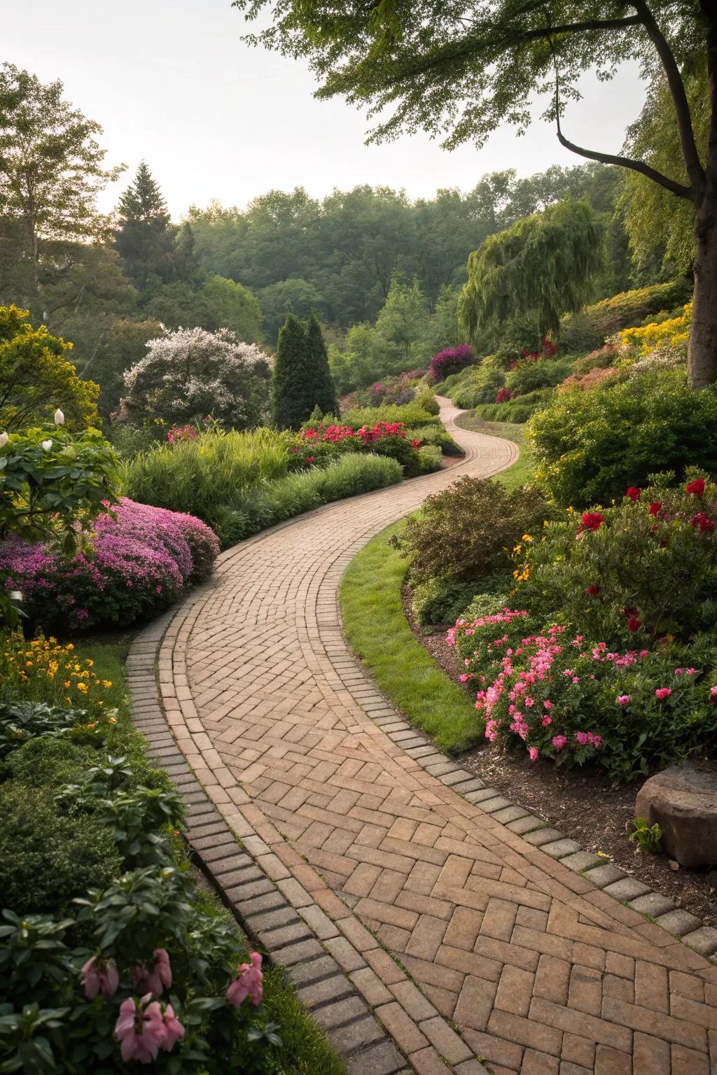 A charming brick pathway invites exploration and adds structure to your garden.