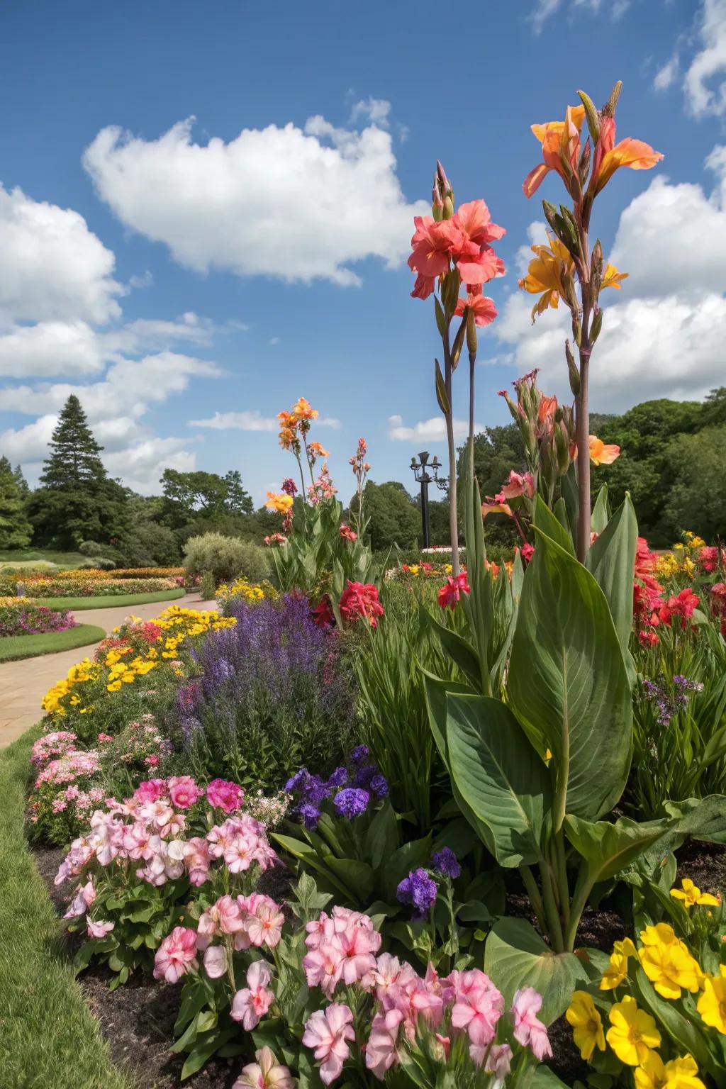 Canna lilies as the centerpiece of a vibrant flower bed