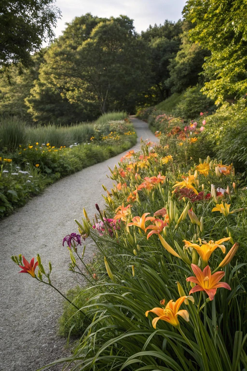 A garden path lined with vibrant daylilies.