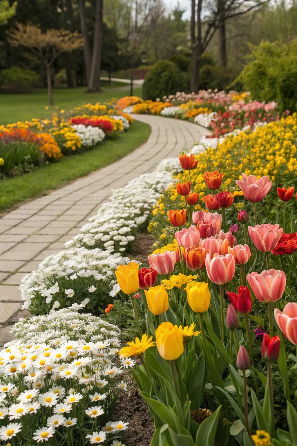 Bright and colorful flower beds featuring a variety of blooms.