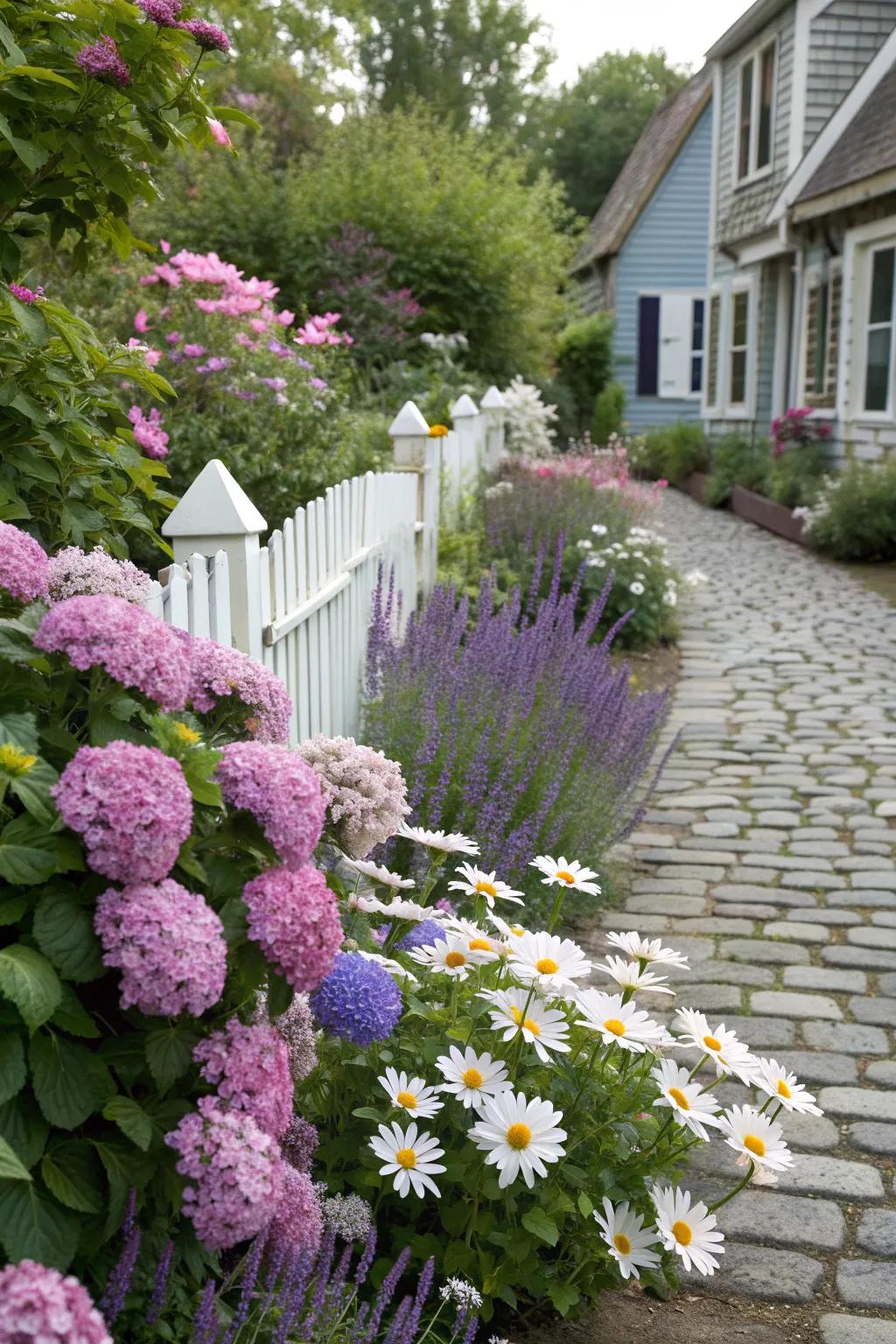 Cottage-style borders with hydrangeas bring timeless charm.