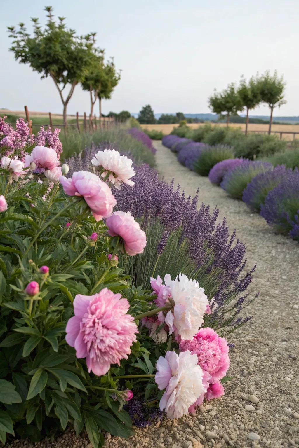 A harmonious blend of peonies and lavender creating a serene garden corner.