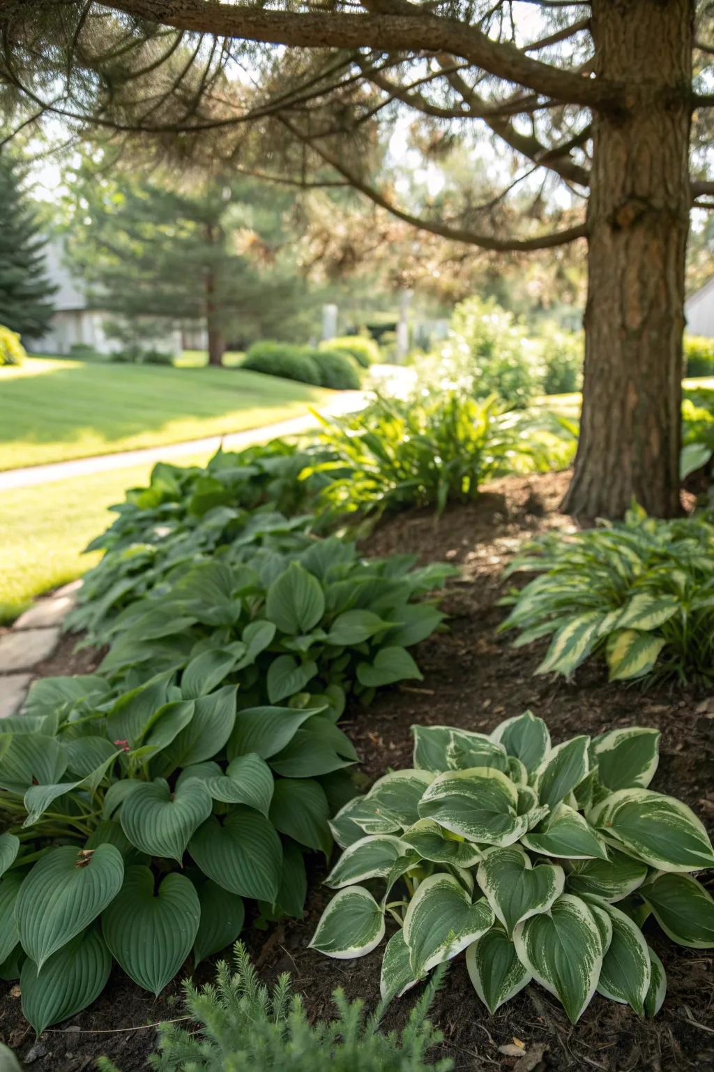 Hostas thriving under the gentle shade of pine trees.