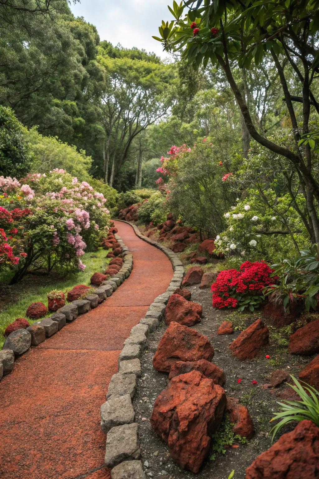 Red lava rocks bordering a garden pathway create a clean and vibrant edge.