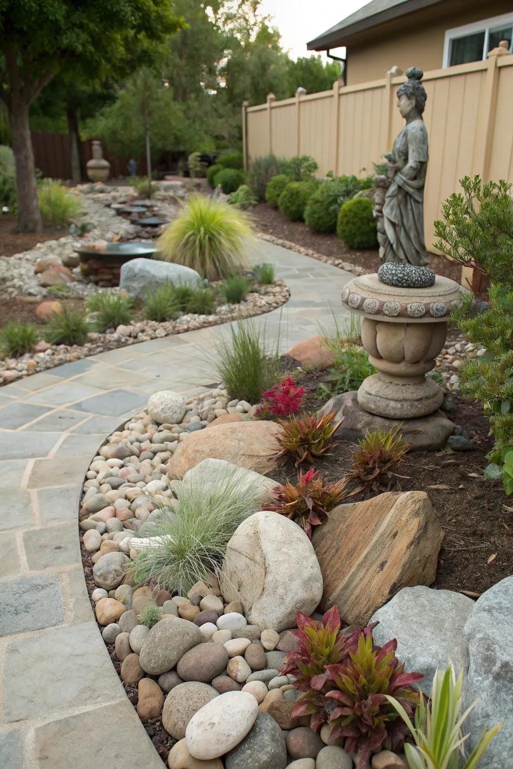 A serene rock garden with diverse textures and colors