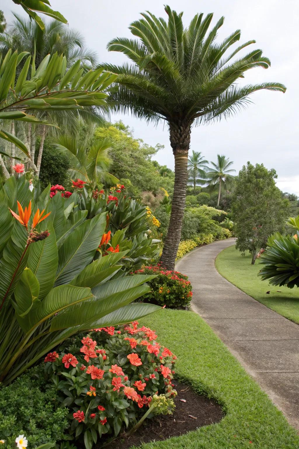 Create a lush corner with sago palms and vibrant tropical plants.