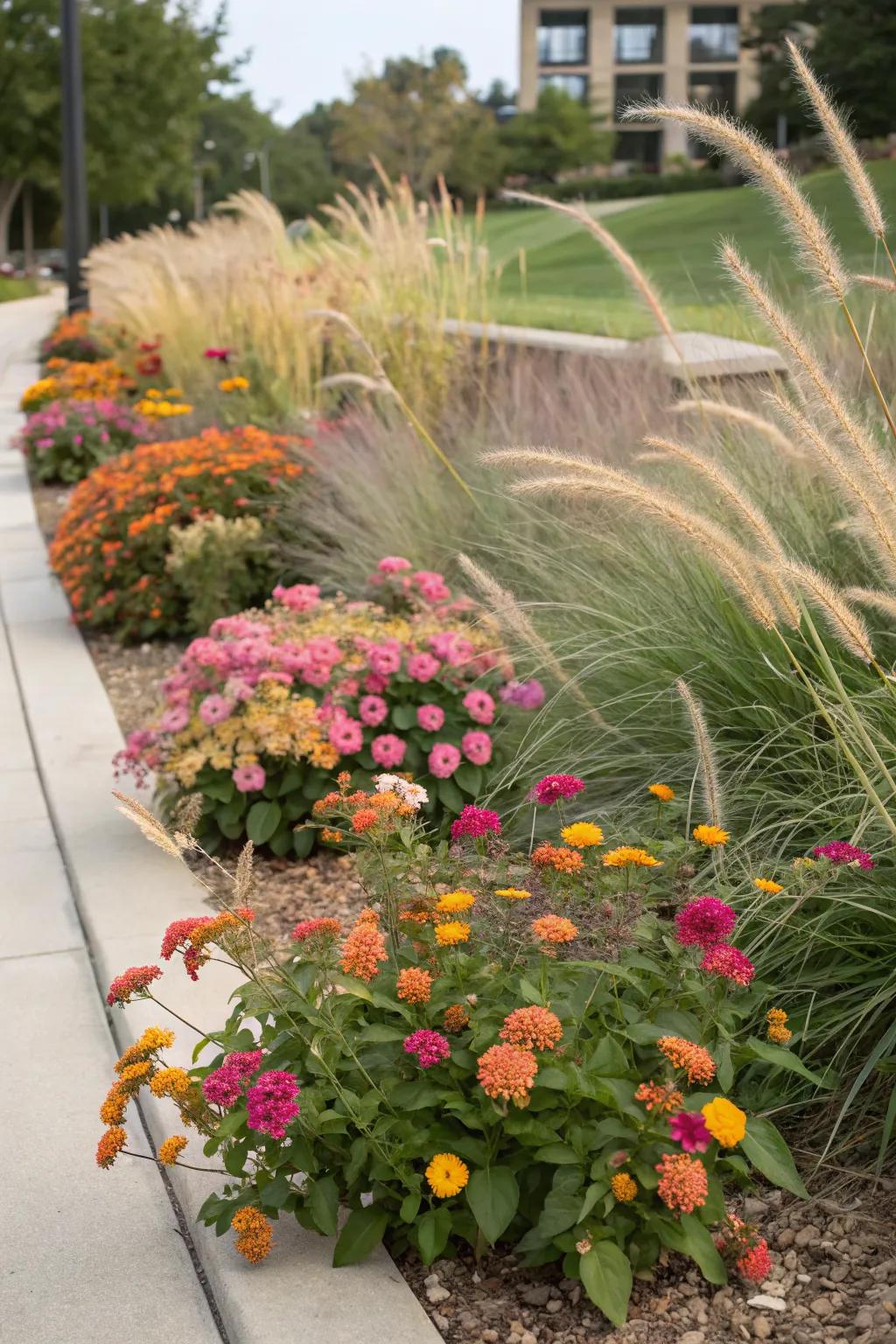 Lantana and ornamental grasses create a dynamic garden bed.