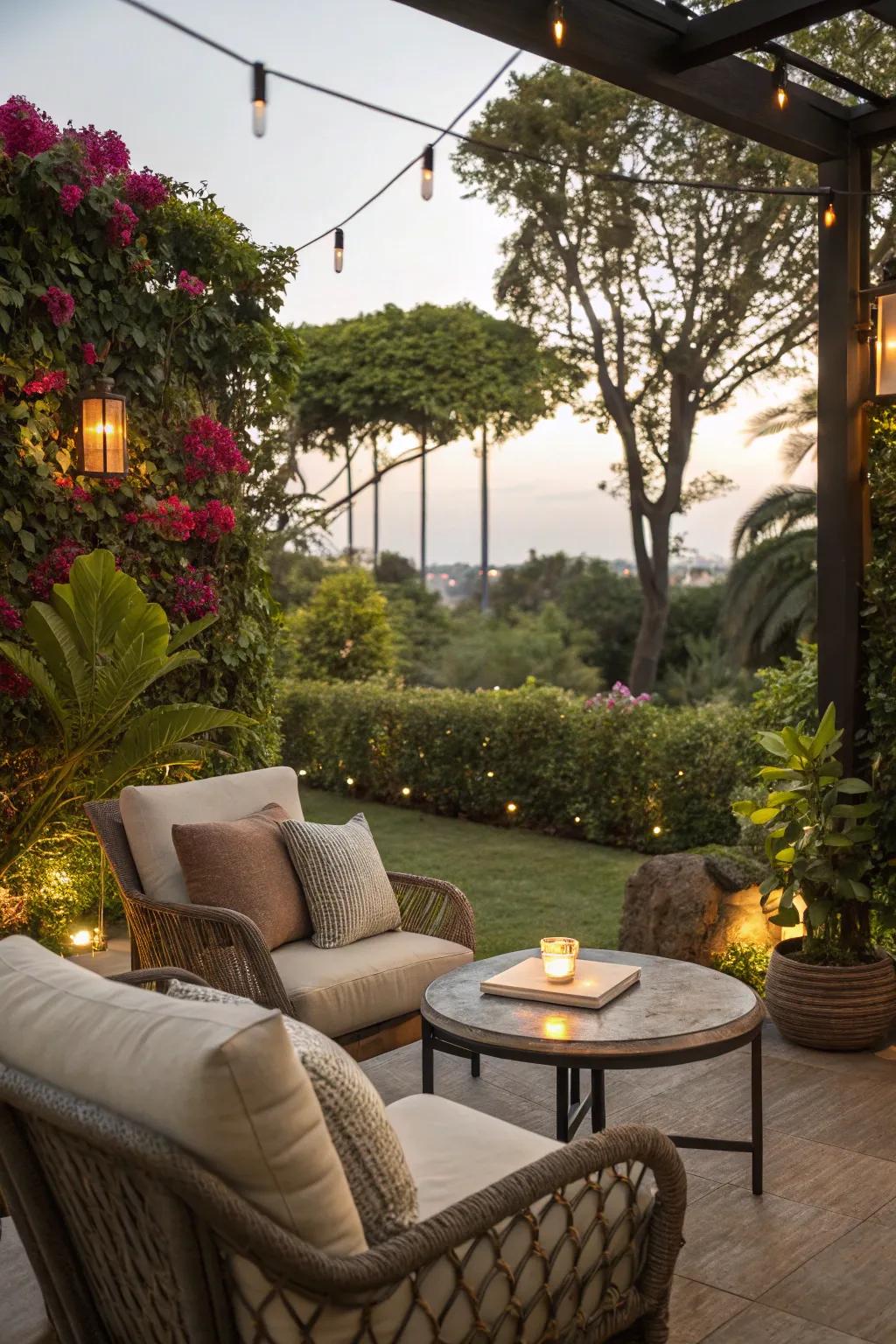 Relax in style with a cozy outdoor seating area in your backyard.