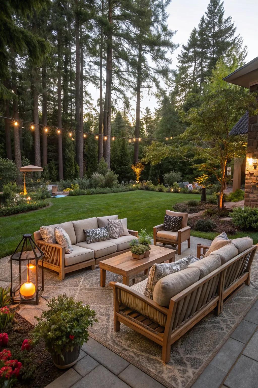 A cozy seating area surrounded by plants makes for a perfect backyard retreat.