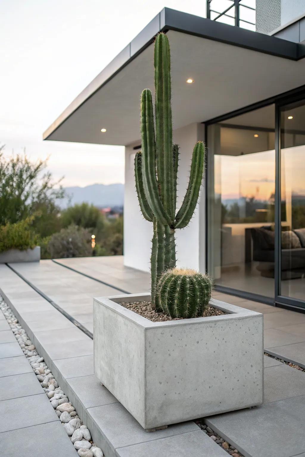 A minimalist concrete planter highlights the natural elegance of a large cactus.