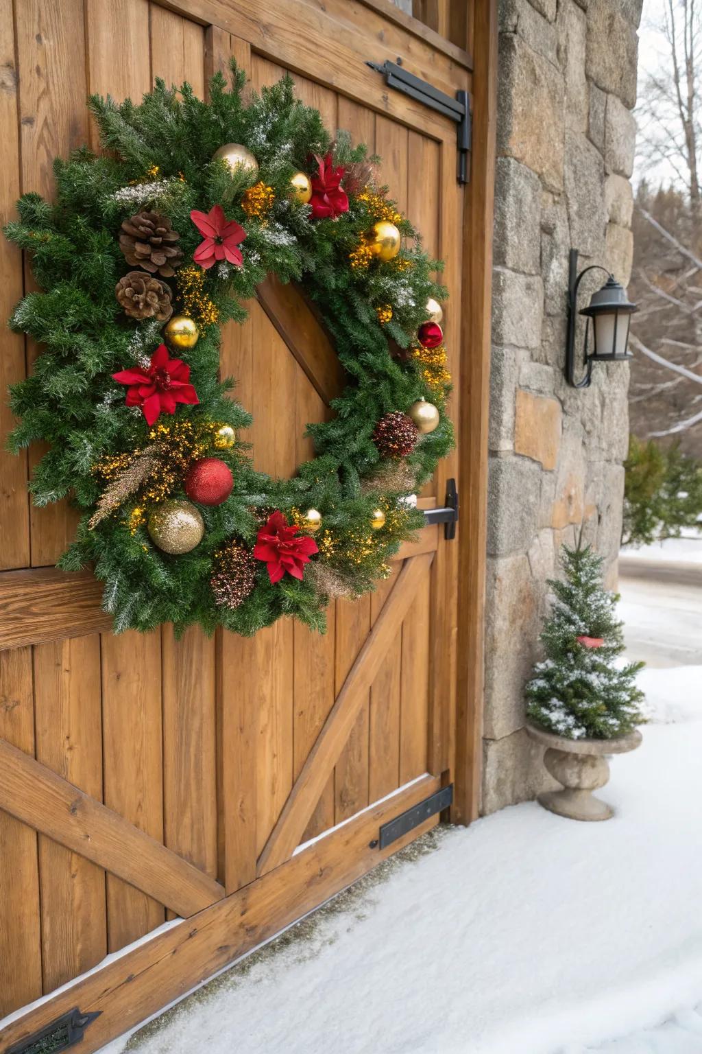 A classic green wreath with a modern twist brings festive charm to any door.