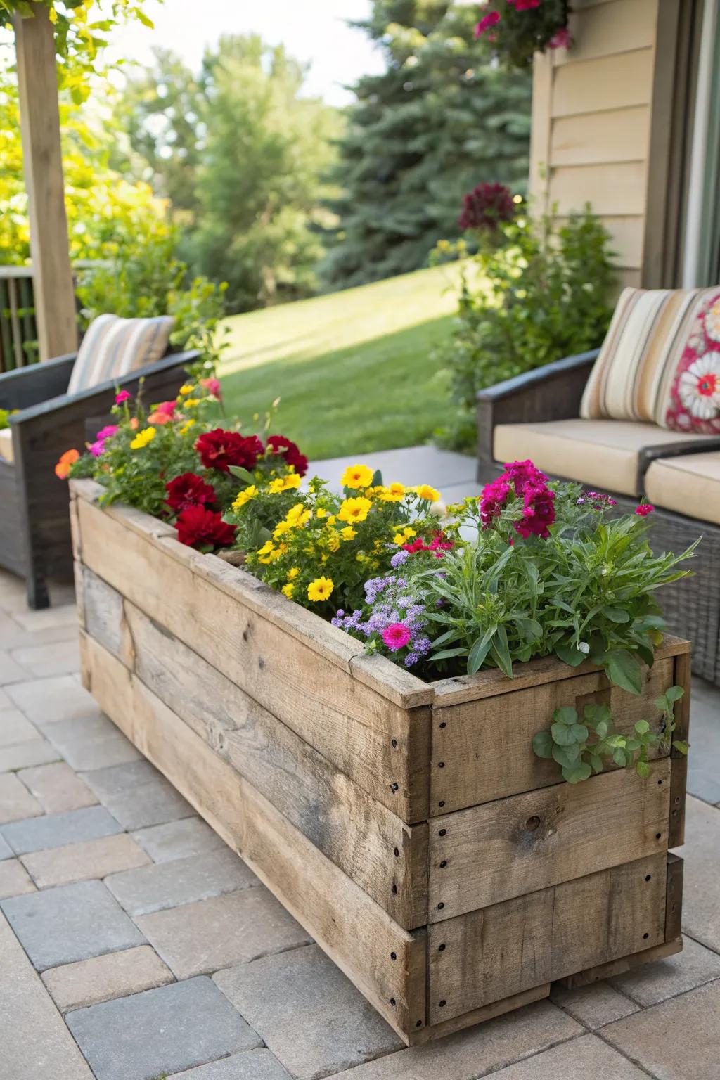 A handcrafted wooden planter box filled with vibrant blooms.
