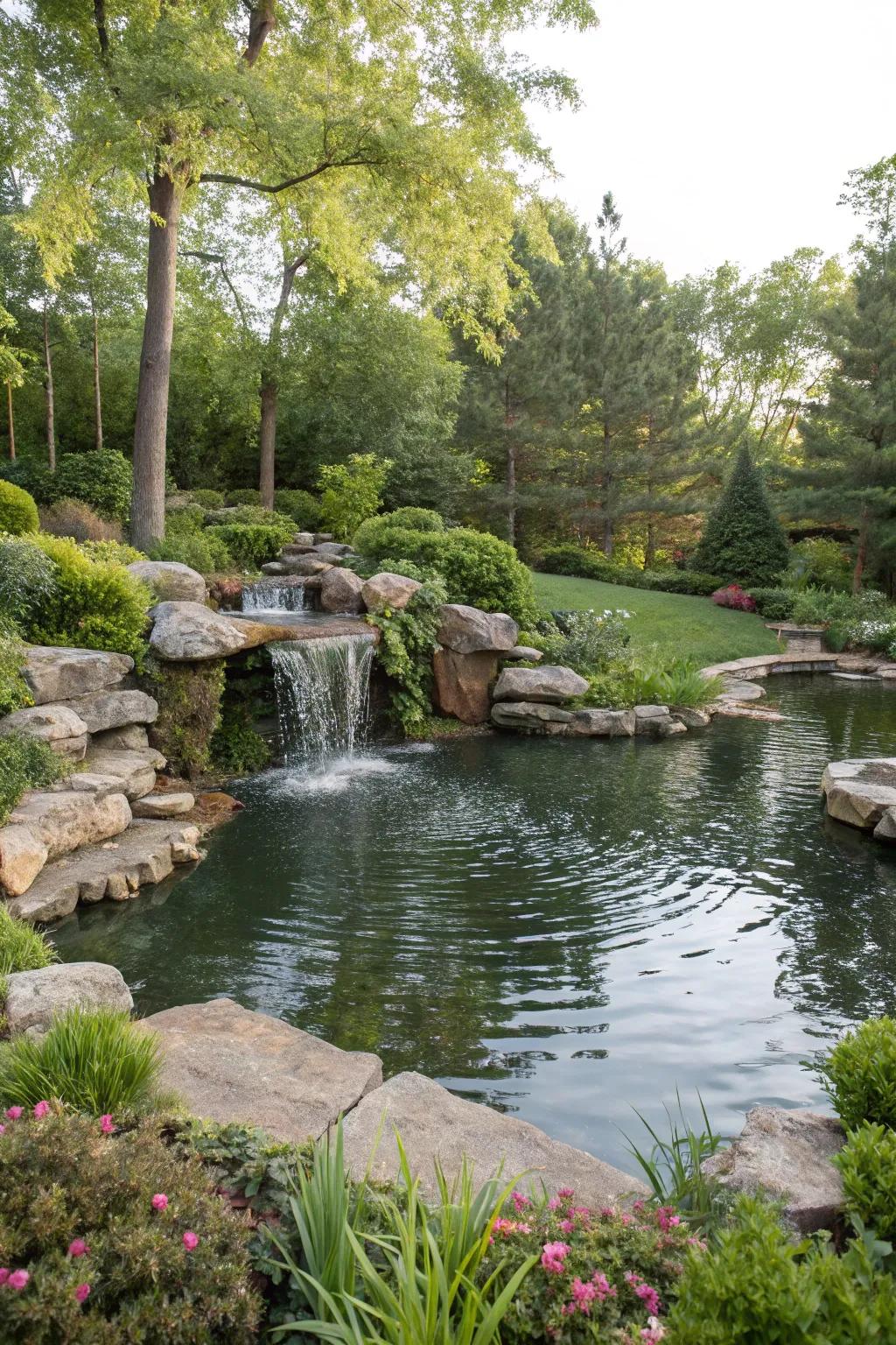 A large pond with a stunning waterfall, creating a serene atmosphere.