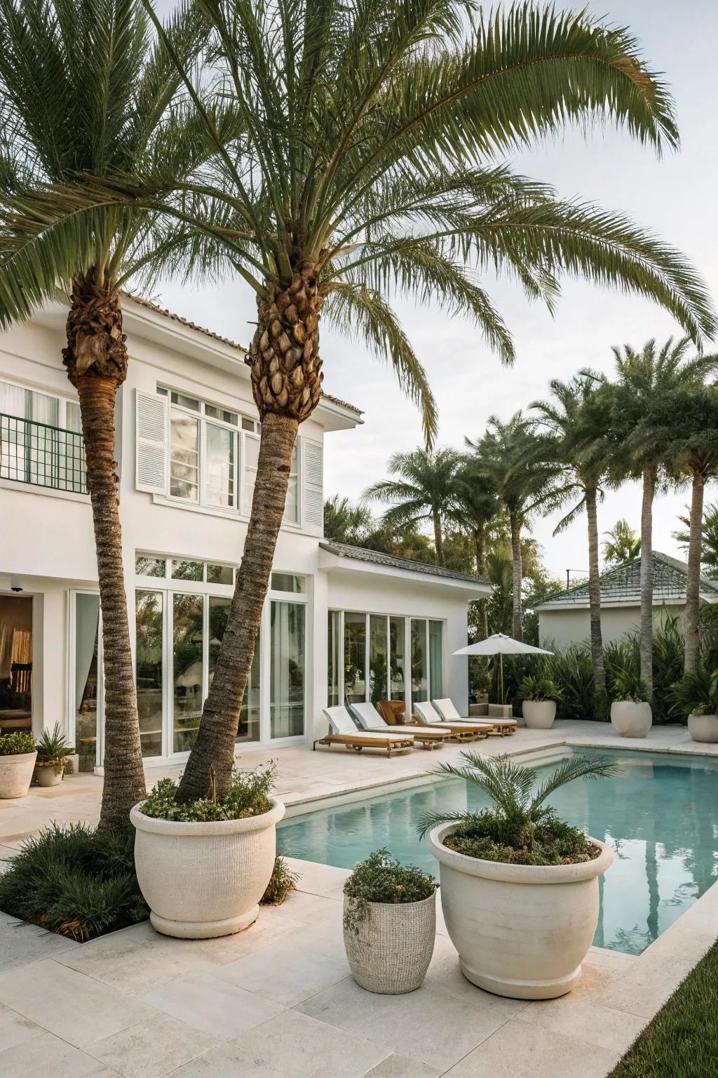 Bring a beachside feel to your pool with tall potted palms.
