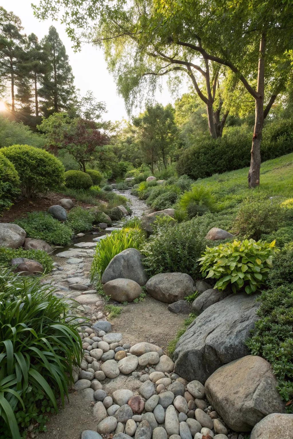 A dry river bed crafted from large river rocks.