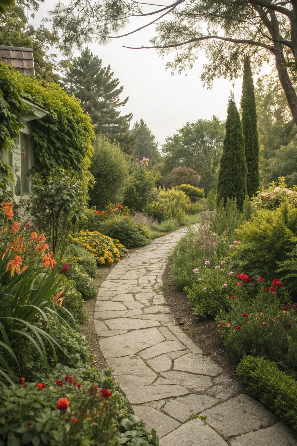 A meandering stone pathway adds intrigue and accessibility to any large side yard.