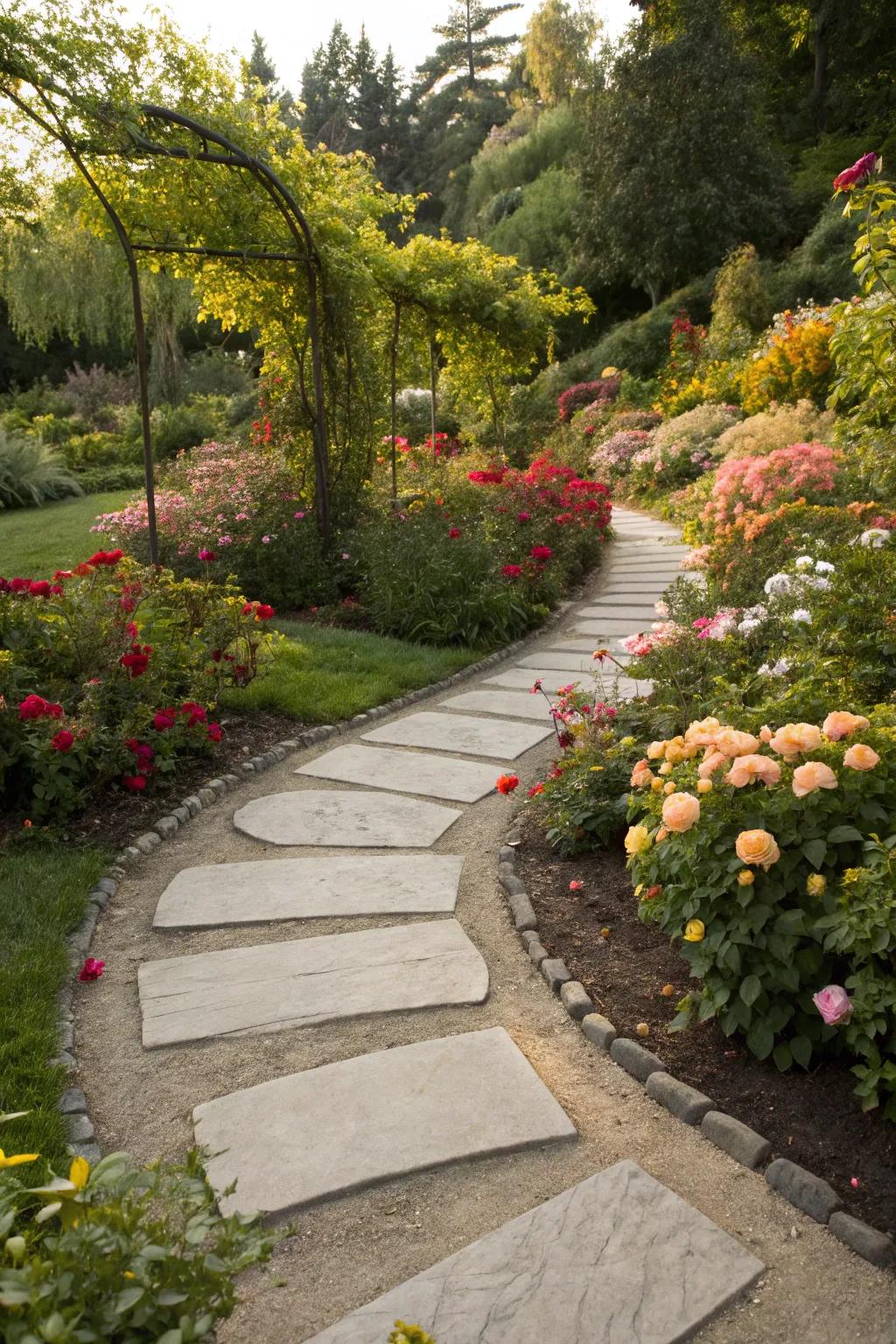 Curved stepping stone path that adds flow and movement to the landscape.