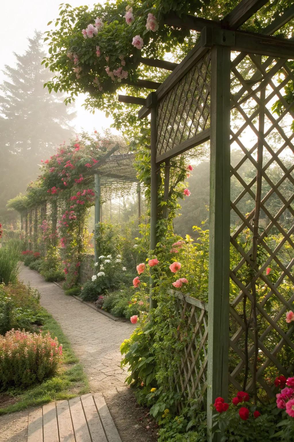 A garden oasis with lattice panels beautifully intertwined with nature.