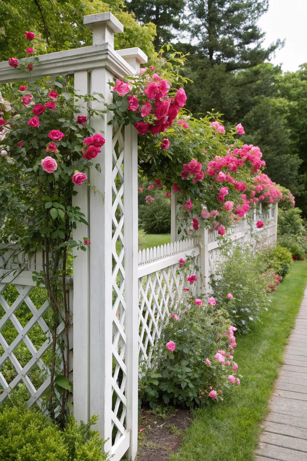 A lattice fence with climbing roses creates a stunning garden feature.