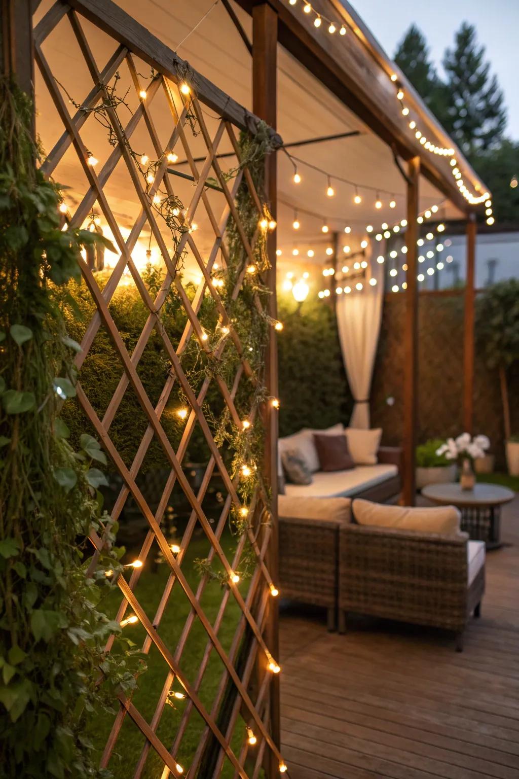 Lattice walls adorned with string lights create a magical ambiance.