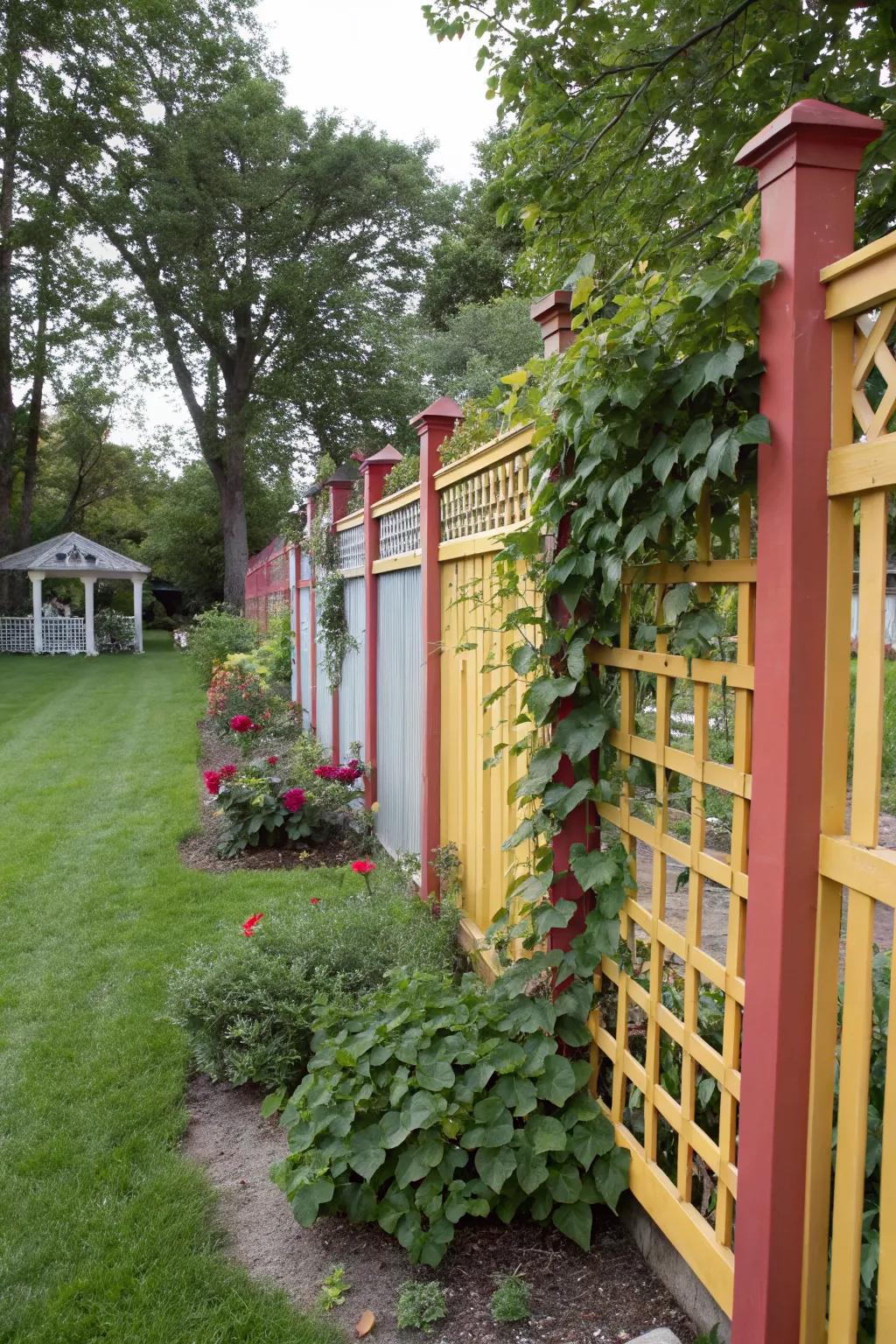 Enhance your garden's privacy with a colorful wooden lattice fence.