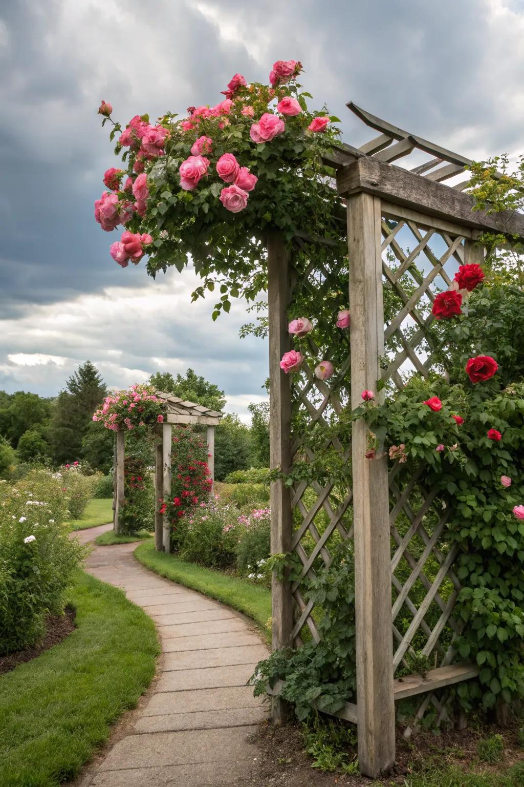 A classic wooden lattice trellis with climbing roses.