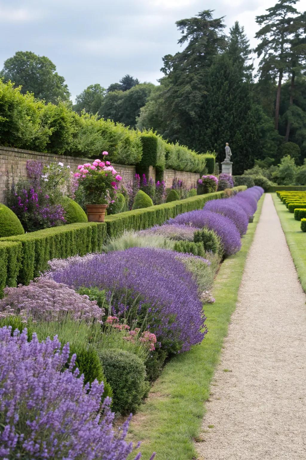 A classic lavender hedge outlines a beautifully arranged garden.