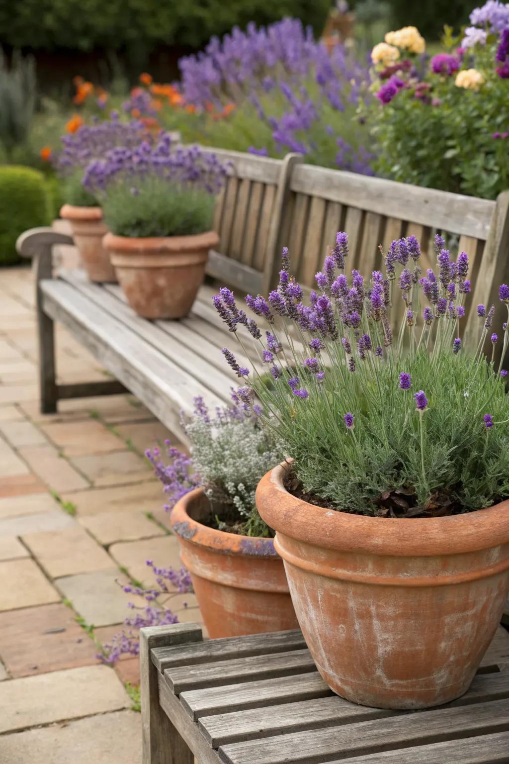 Lavender thriving in rustic terracotta pots.
