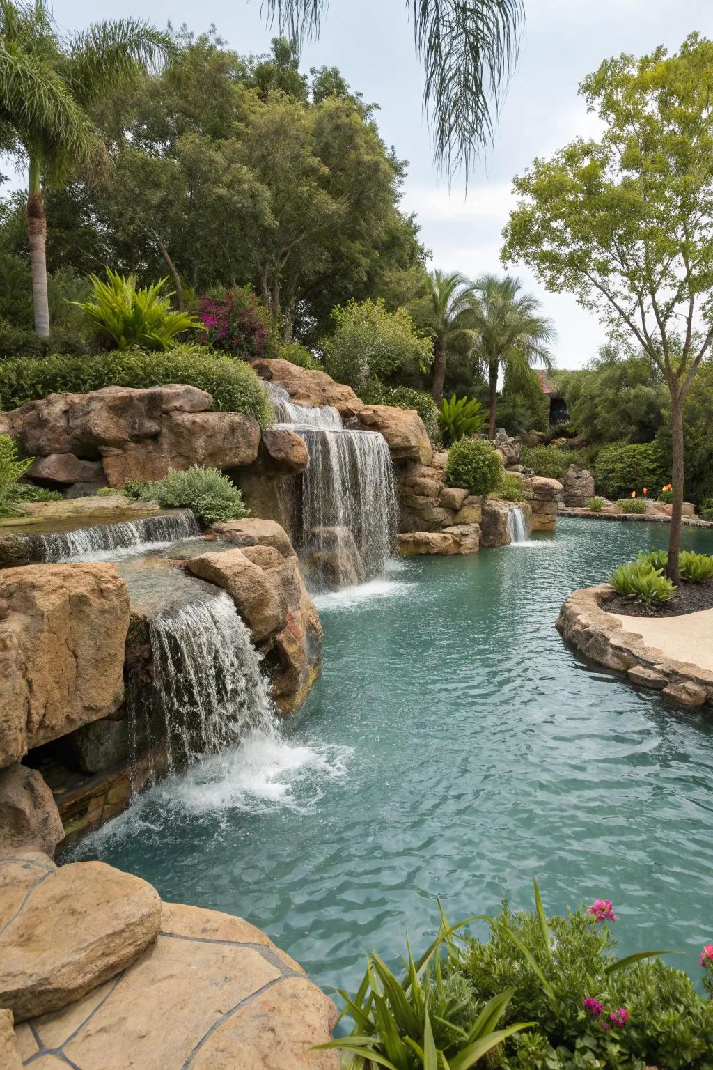 A lazy river pool with natural rock waterfalls, creating a serene and picturesque setting.
